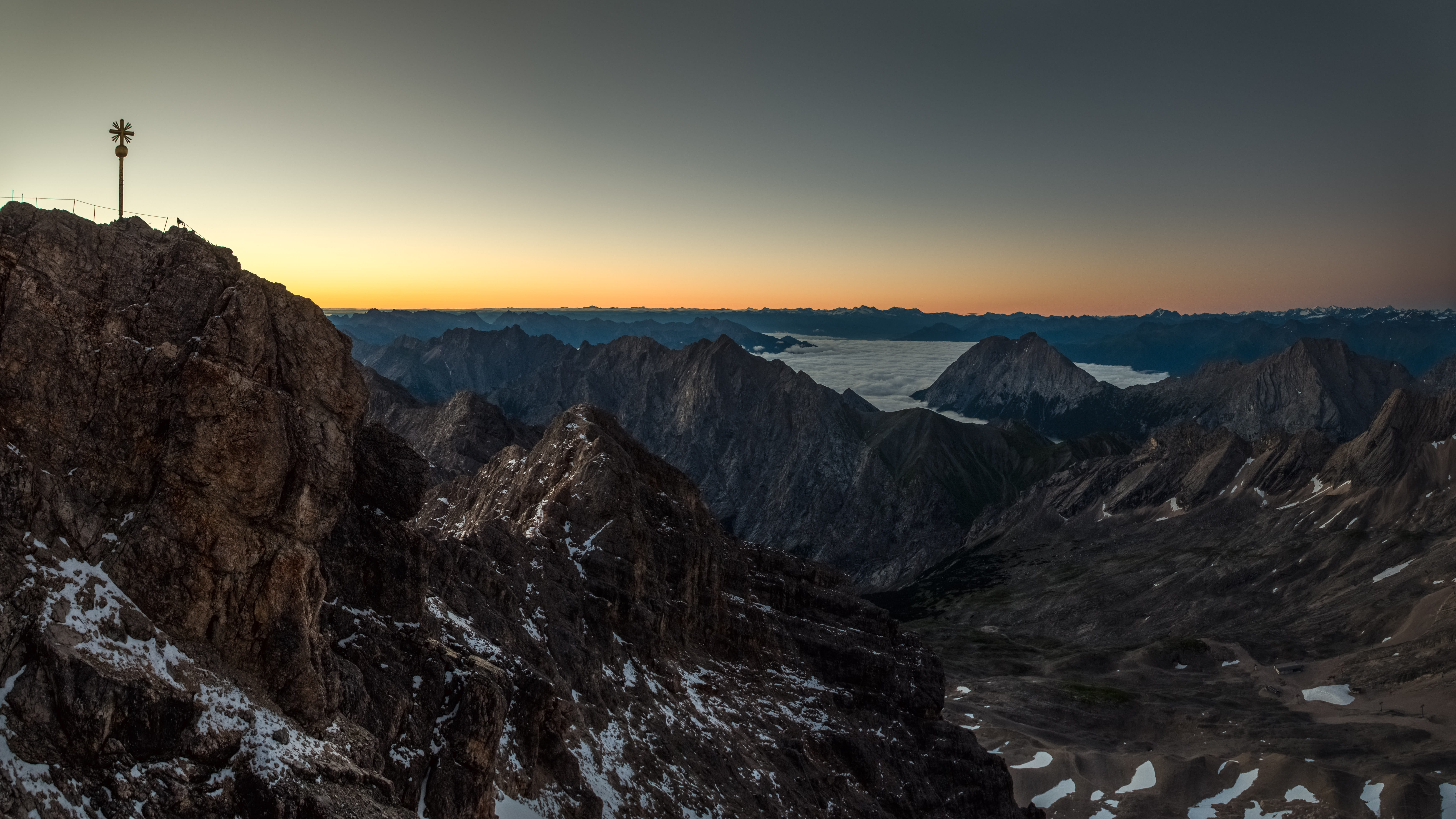 outdoors, tranquility, cross, zugspitze, view, mountain, mountain peak, national, landscape, solid, sunrise, mountains, summit, environment, germany, idyllic, HD Wallpaper