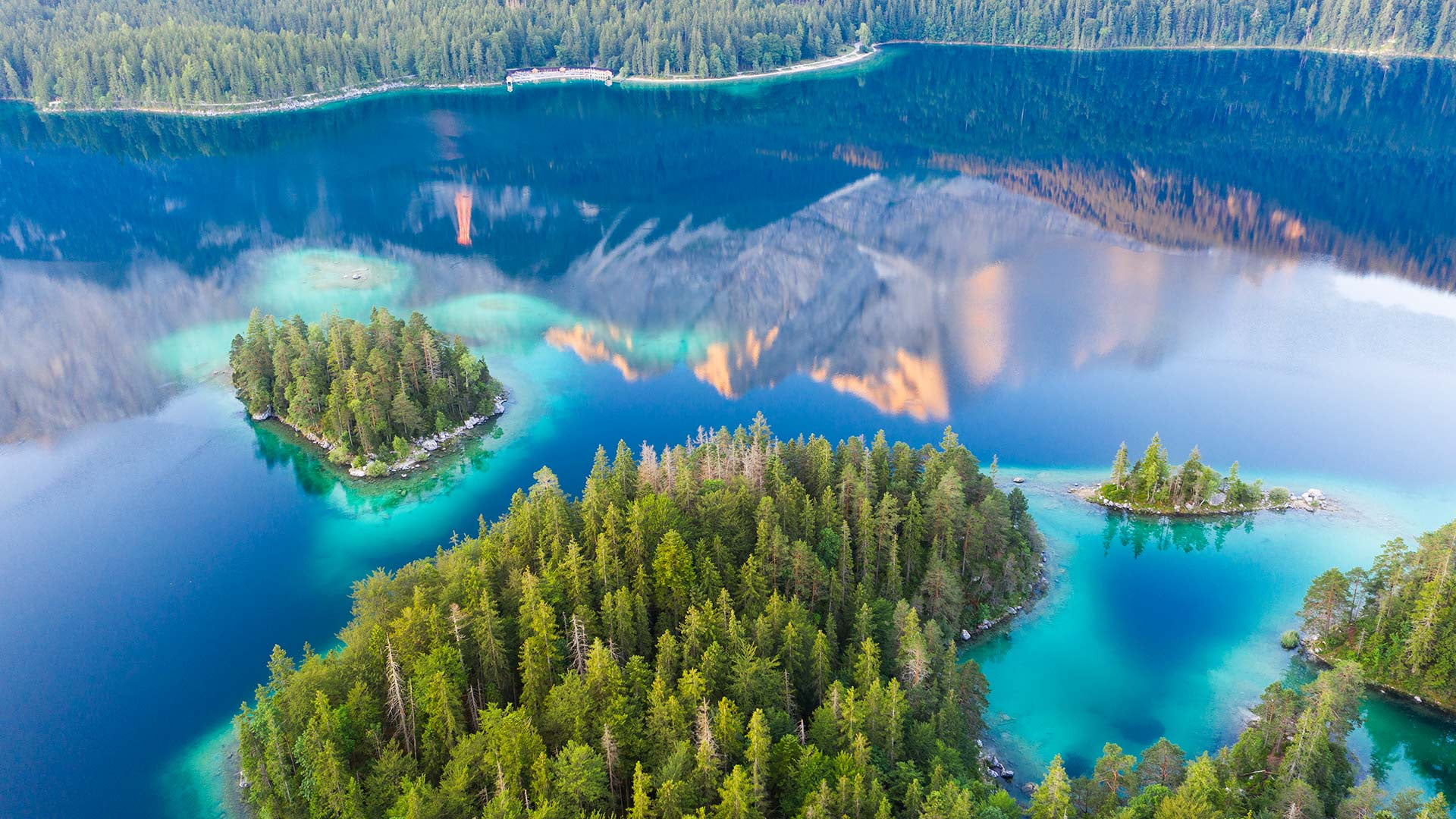 Bing, 1080P, lake, Zugspitze, Germany, nature, trees, reflection, island, landscape, HD Wallpaper
