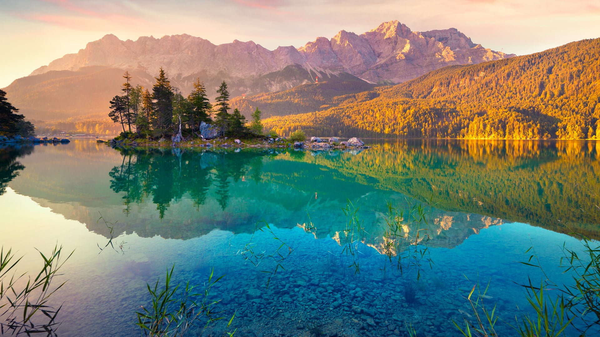 landscape, Lake Eibsee, reflection, Germany, nature, Alps, lake, 1080P, mountains, forest, rocks, sunrise, clear water, trees, HD Wallpaper
