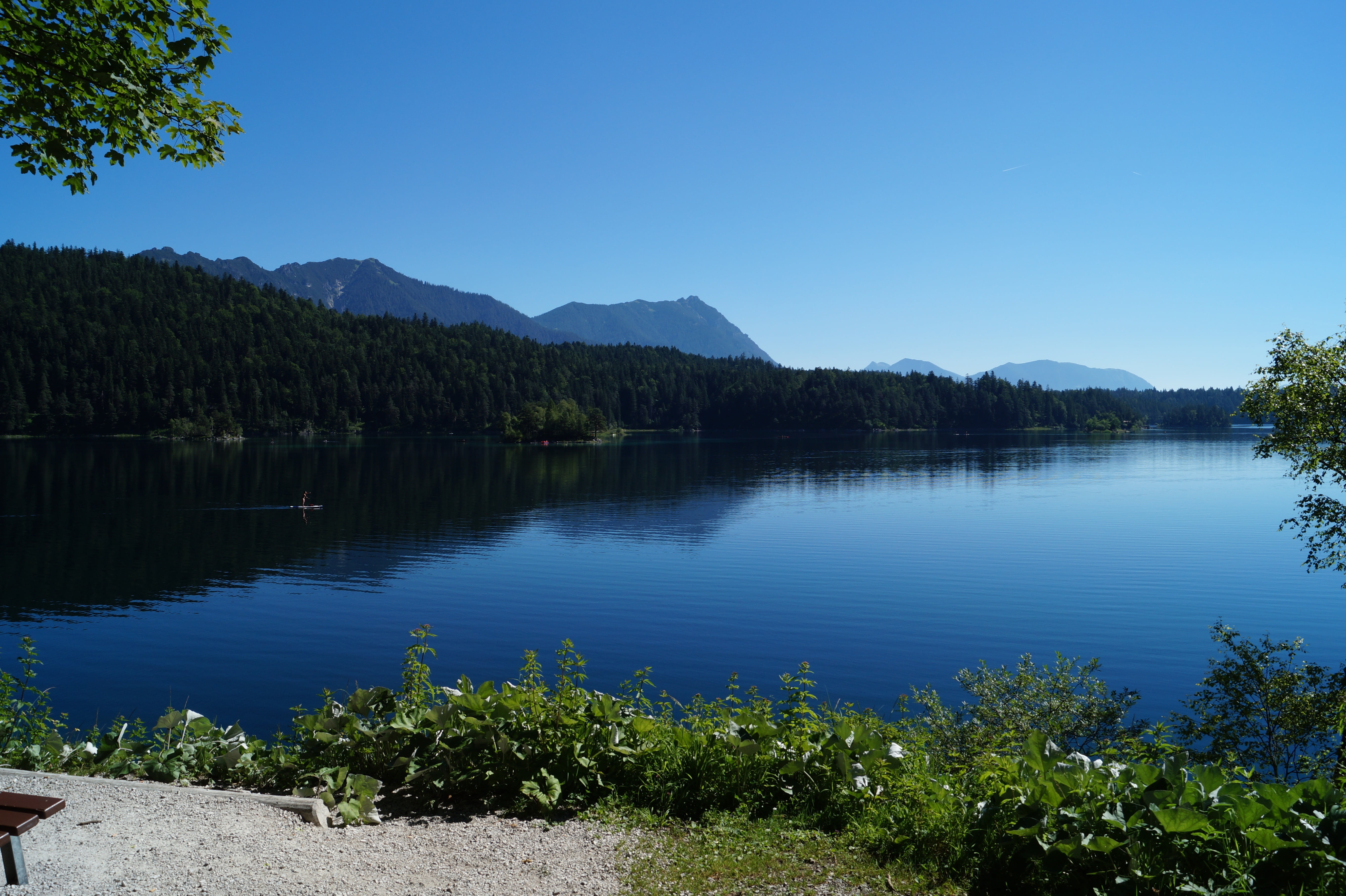day, tranquil scene, scenics - nature, waters, mood, clear sky, eibsee, sky, water, idyllic, landscape, mirroring, non-urban scene, tree, reflection, beauty in nature, HD Wallpaper