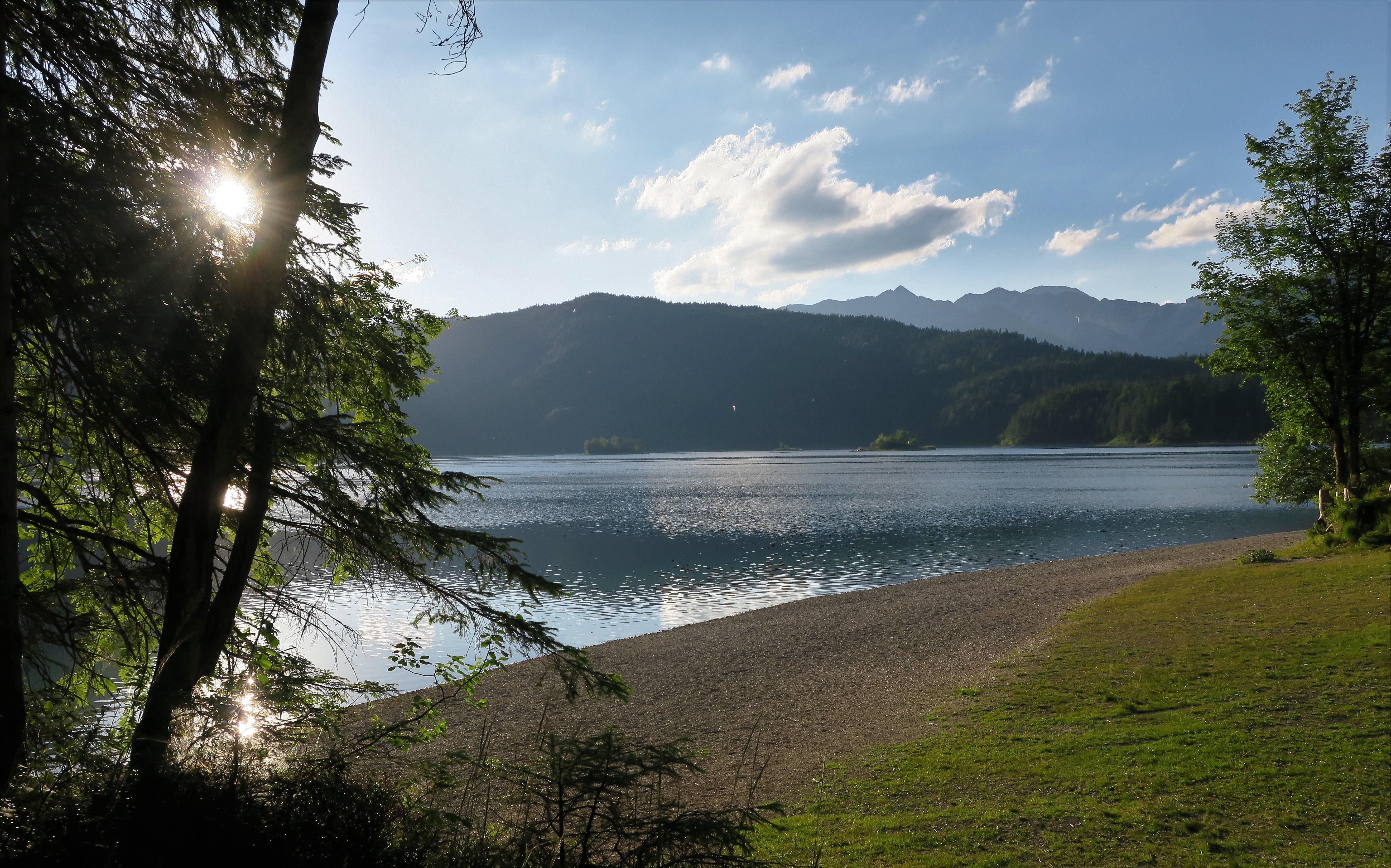 daytime, blue, bavaria, body, tranquil scene, cloud - sky, clear, 5K, sky, land, photography, eibsee, day, beside, nature, waters, plant, sun, water reflection, HD Wallpaper