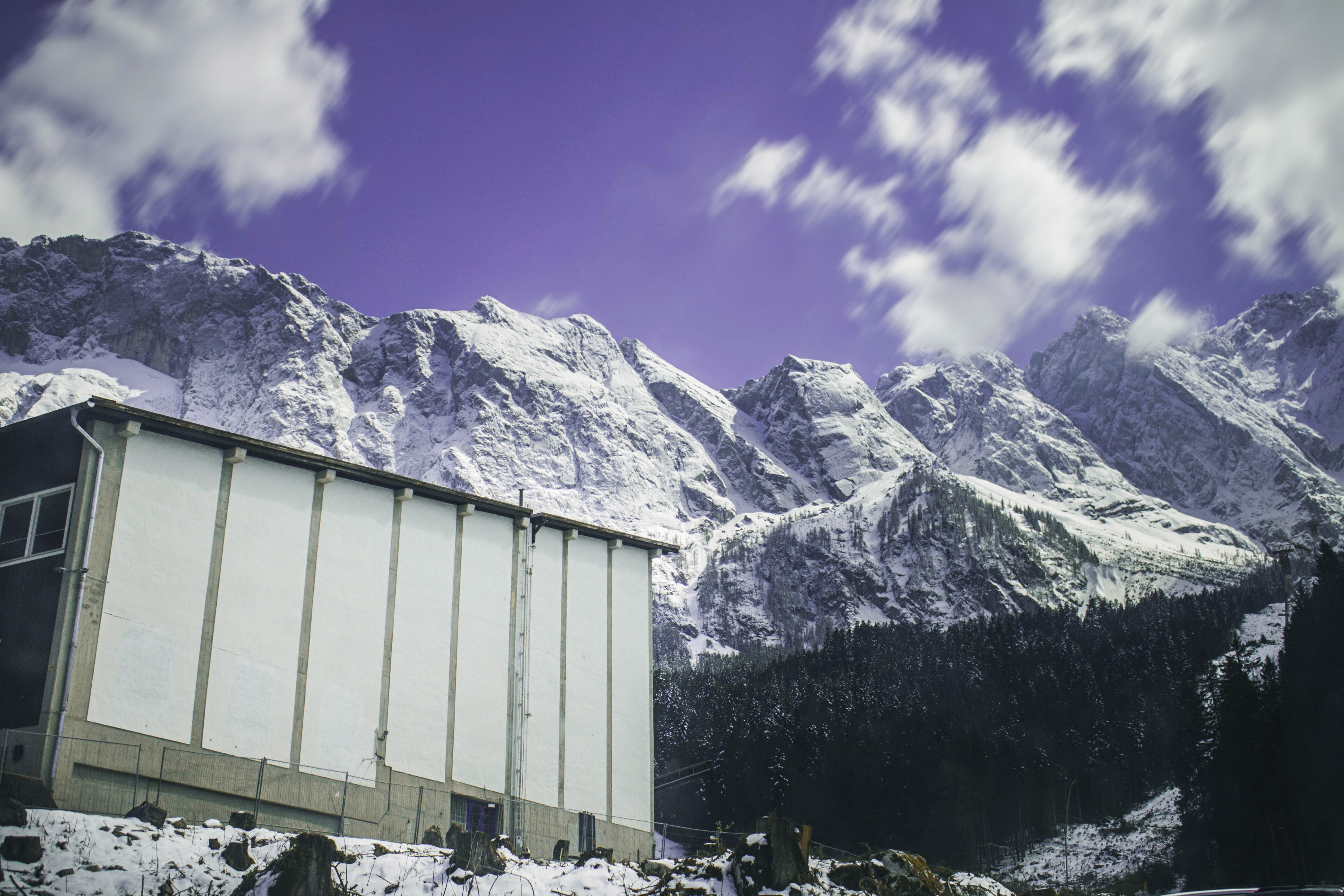 snow, top of germany, mountain range, built structure, eibsee, clouds, building exterior, mountain, forest, building, cold temperature, german alps, sky, HD Wallpaper