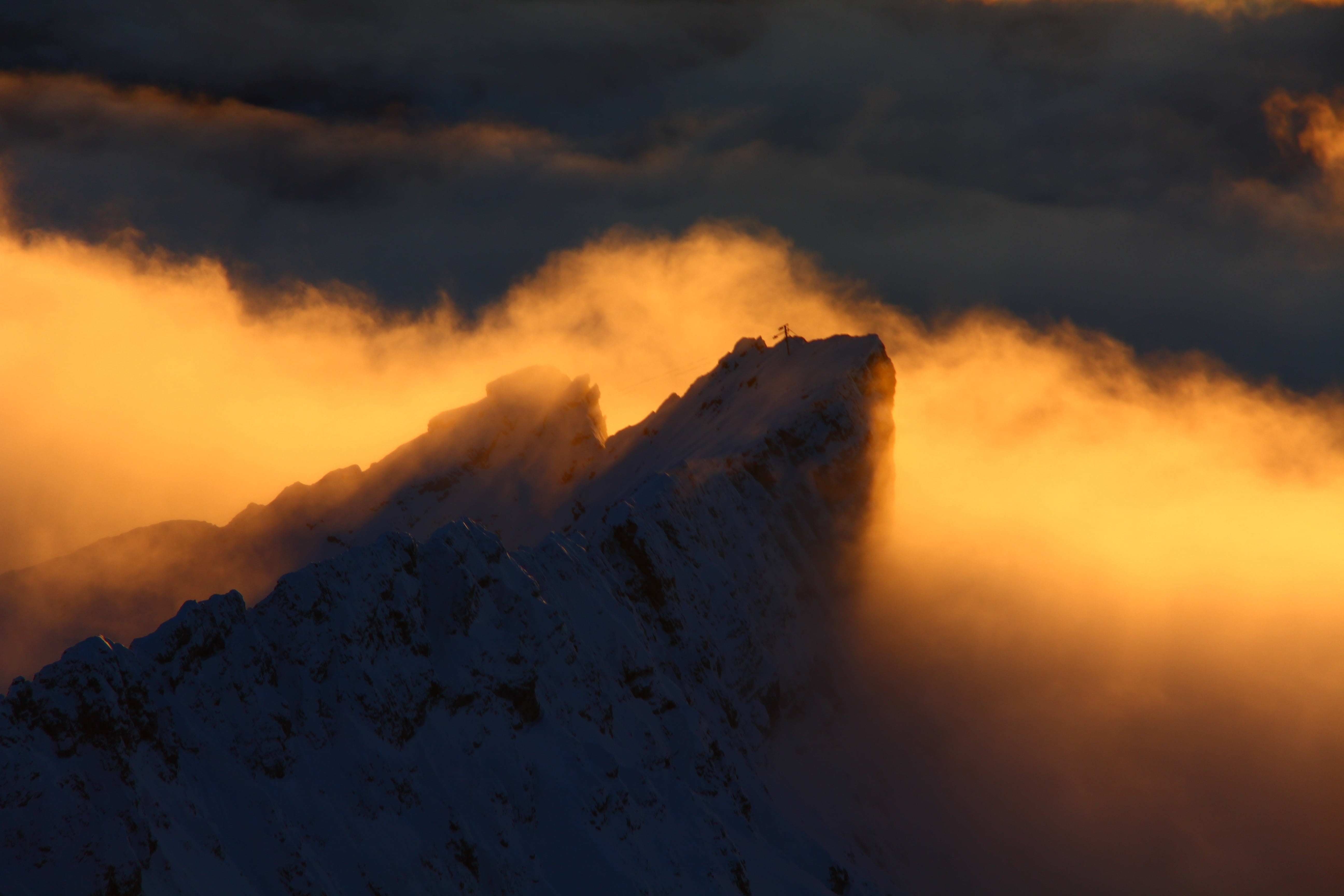 zugspitze massif, mountain Peak, imposing, landscape, tranquility, 5K, smoke - physical structure, snow, idyllic, beauty in nature, non-urban scene, panorama, HD Wallpaper