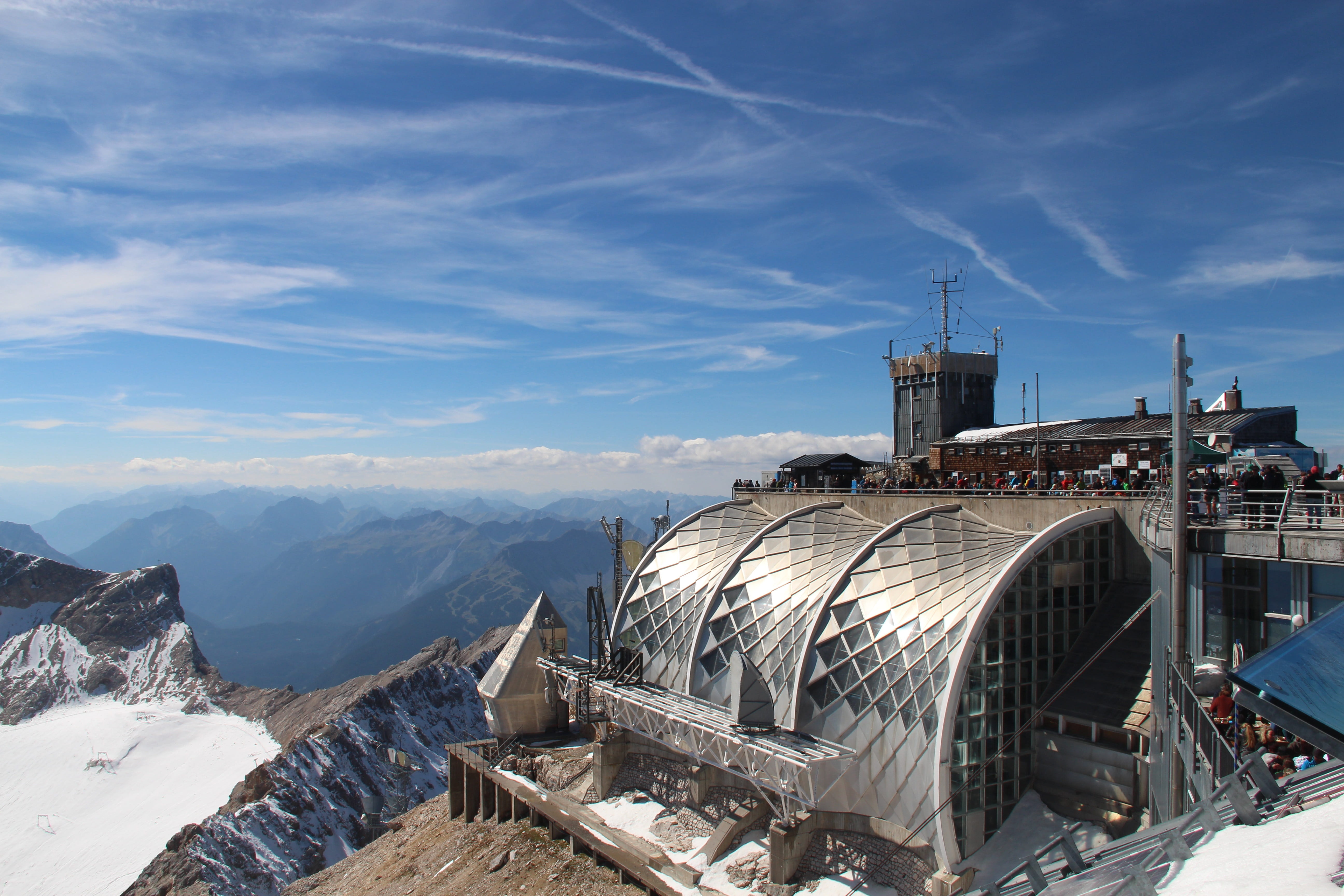 mountain range, building exterior, cloud - sky, clouds, zugspitze massif, sunlight, view, 5K, distant view, allgäu, snow, day, sky, nature, germany, mountain, HD Wallpaper