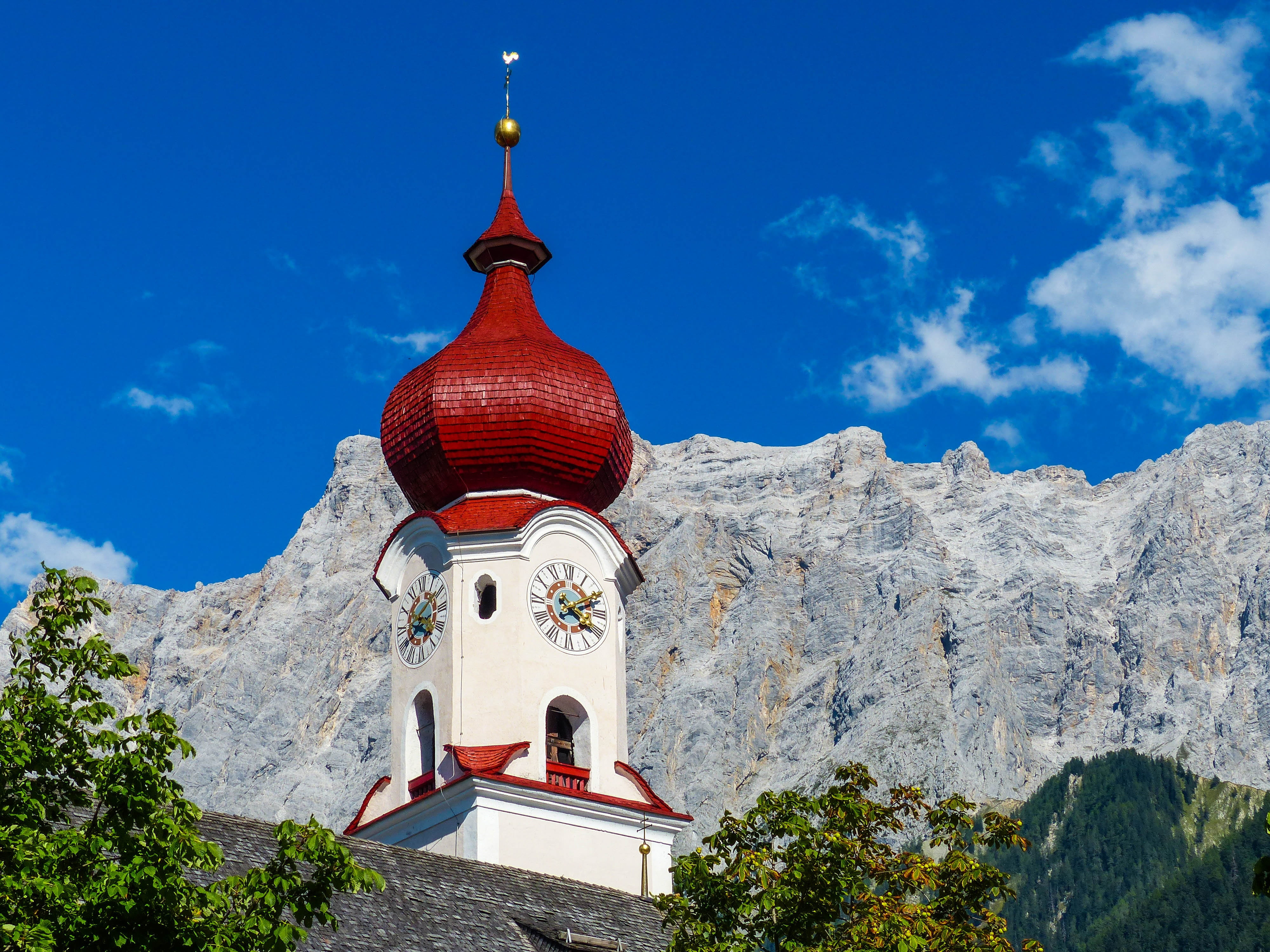 place of worship, building exterior, blue, panorama, building, spirituality, parish church to the hl, zugspitze massif, mountains, day, mountain, rock, HD Wallpaper