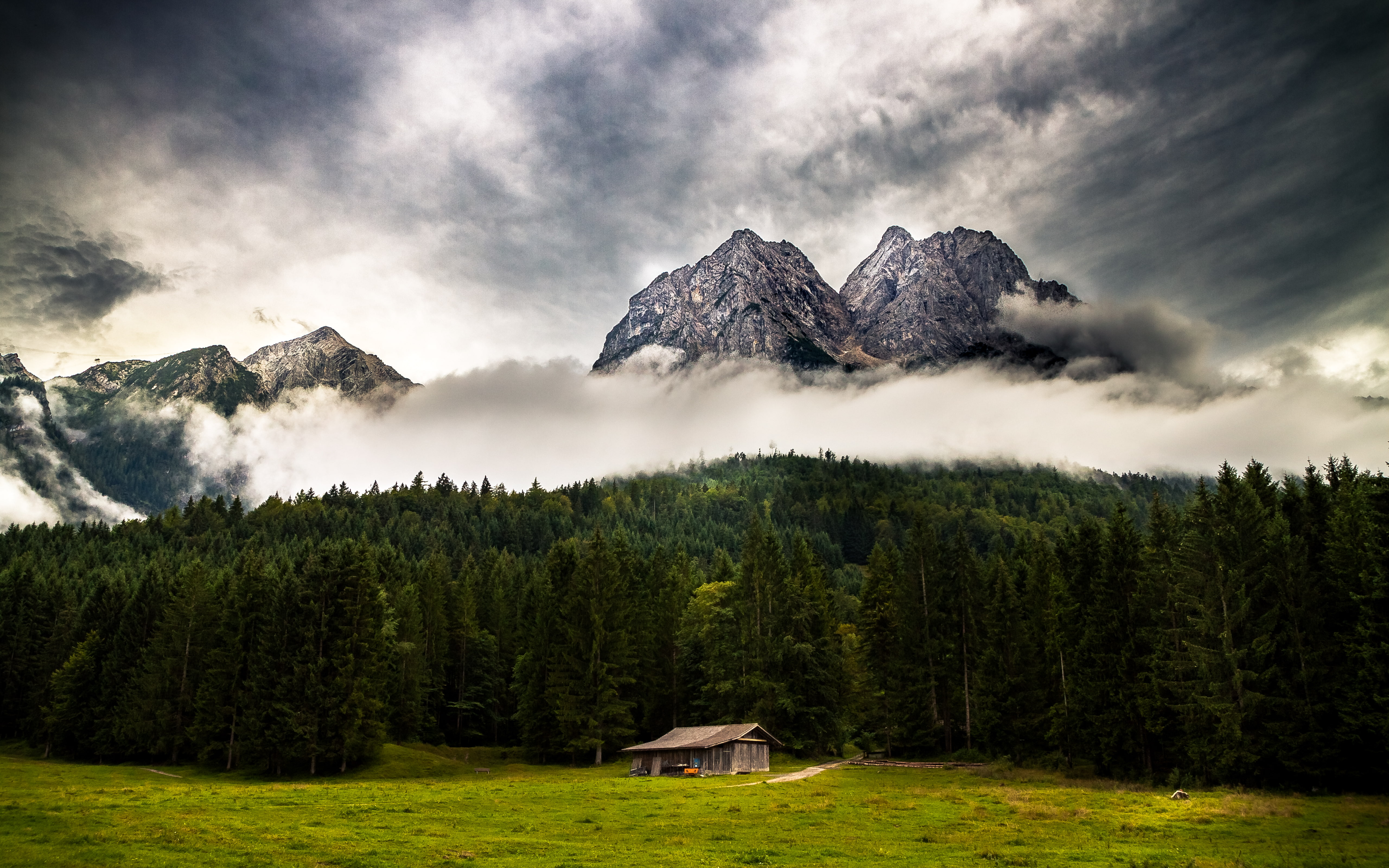 alps, green, llental, germany, mountains, nature, fog, hÃ¶llentalklamm, grey, zugspitze, h, photography, 5K, landscape, trees, austria, forests, clouds, HD Wallpaper