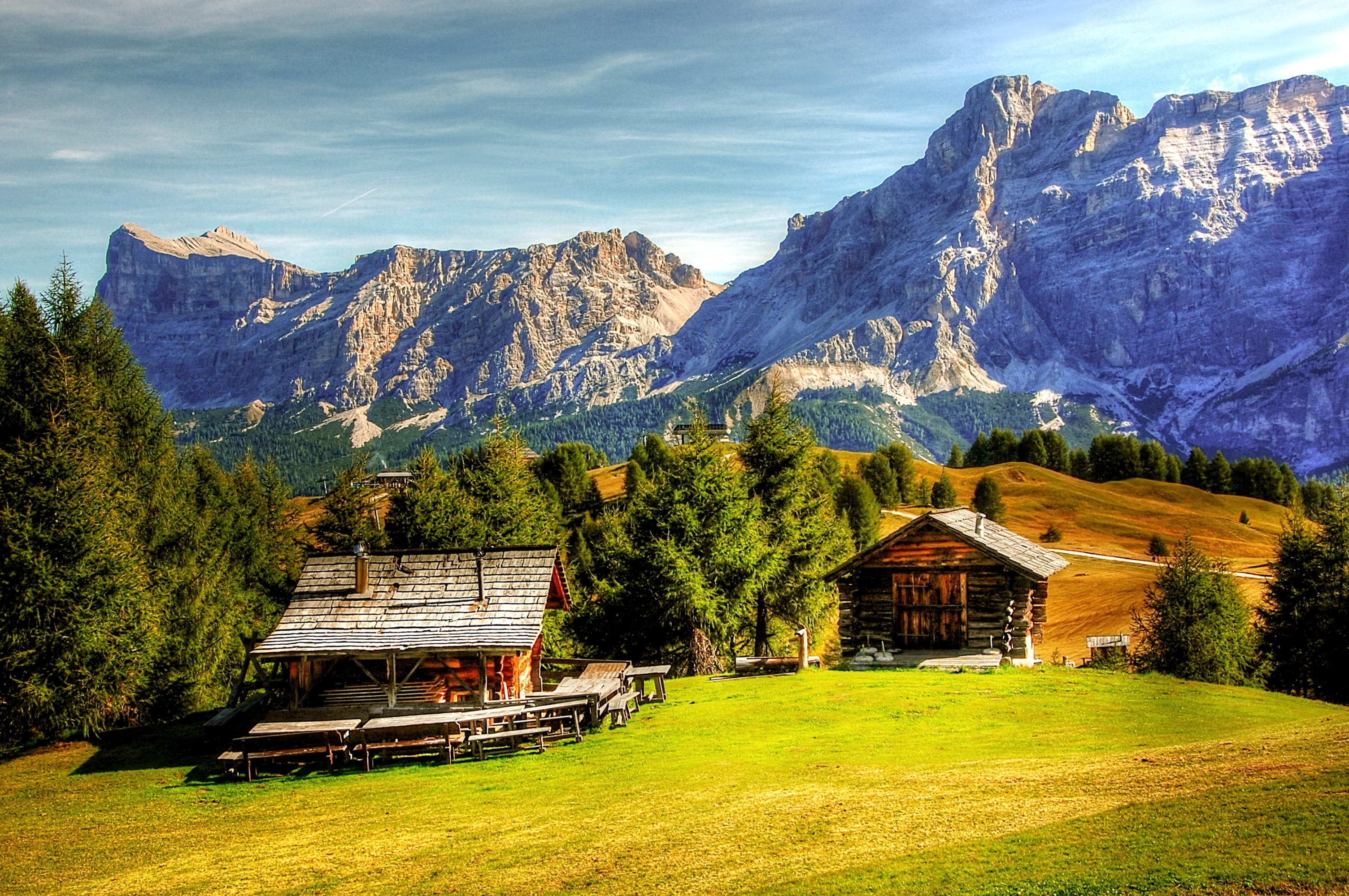 architecture, landscape, holiday, building exterior, tranquil scene, mountain range, cottage, 2K, blue, grass, rock, tranquility, italy, panorama, brown, HD Wallpaper