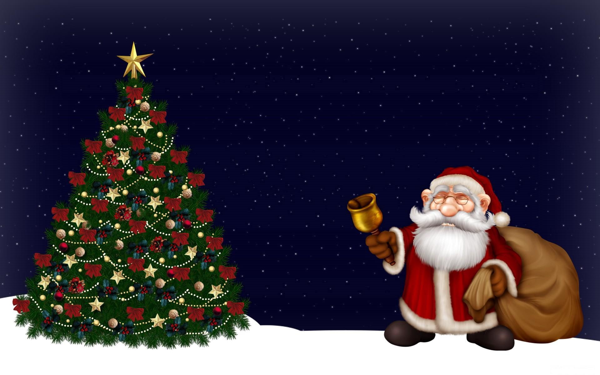 christmas tree, claus, night, 1080P, tree, santa, santa claus, bell, holiday, christmas, HD Wallpaper