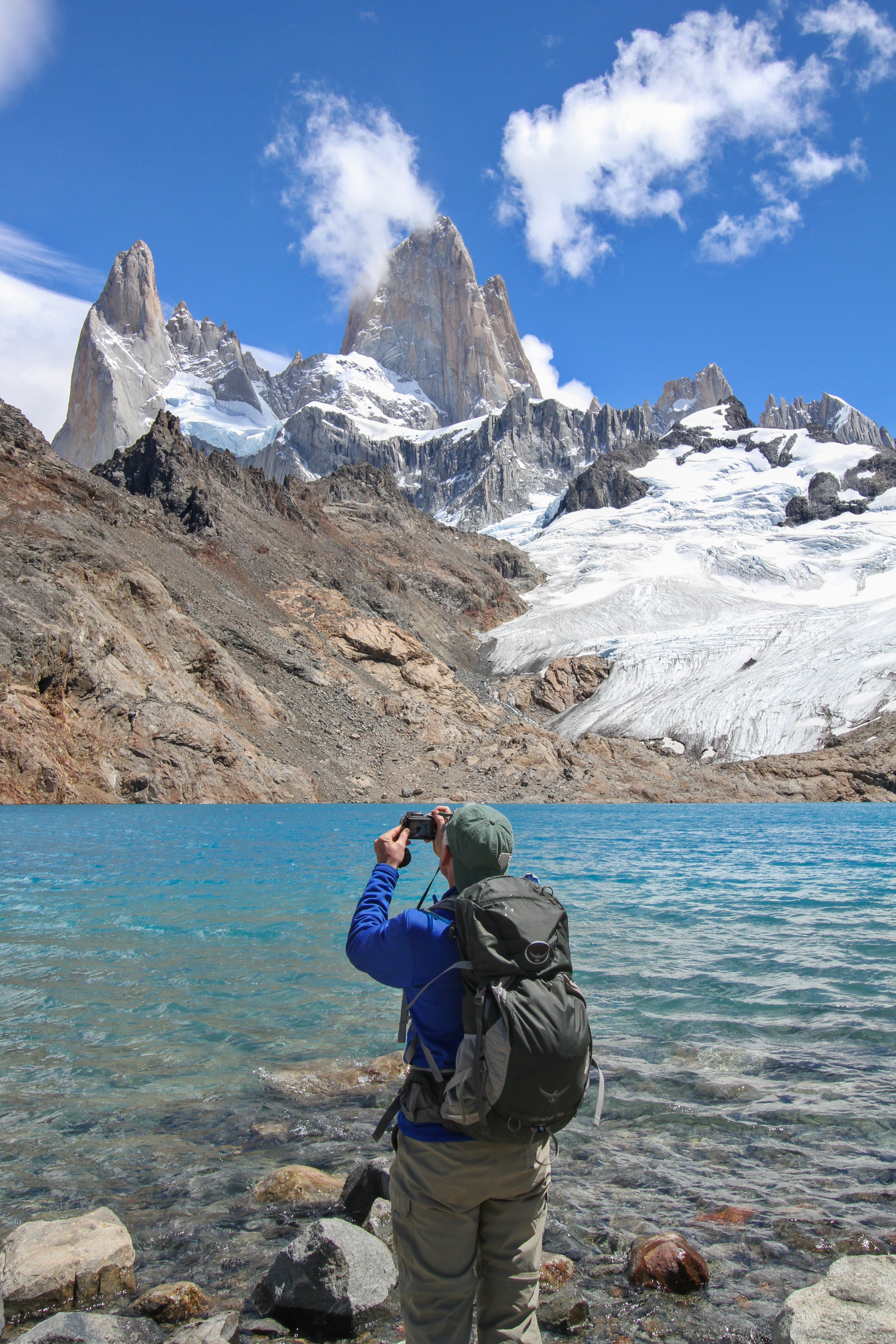 nature, monte fitz roy, water, sky, hiking, photographing, outdoors, adventure, photography themes, beauty in nature, one person, day, 5K, mountain range, Phone HD Wallpaper