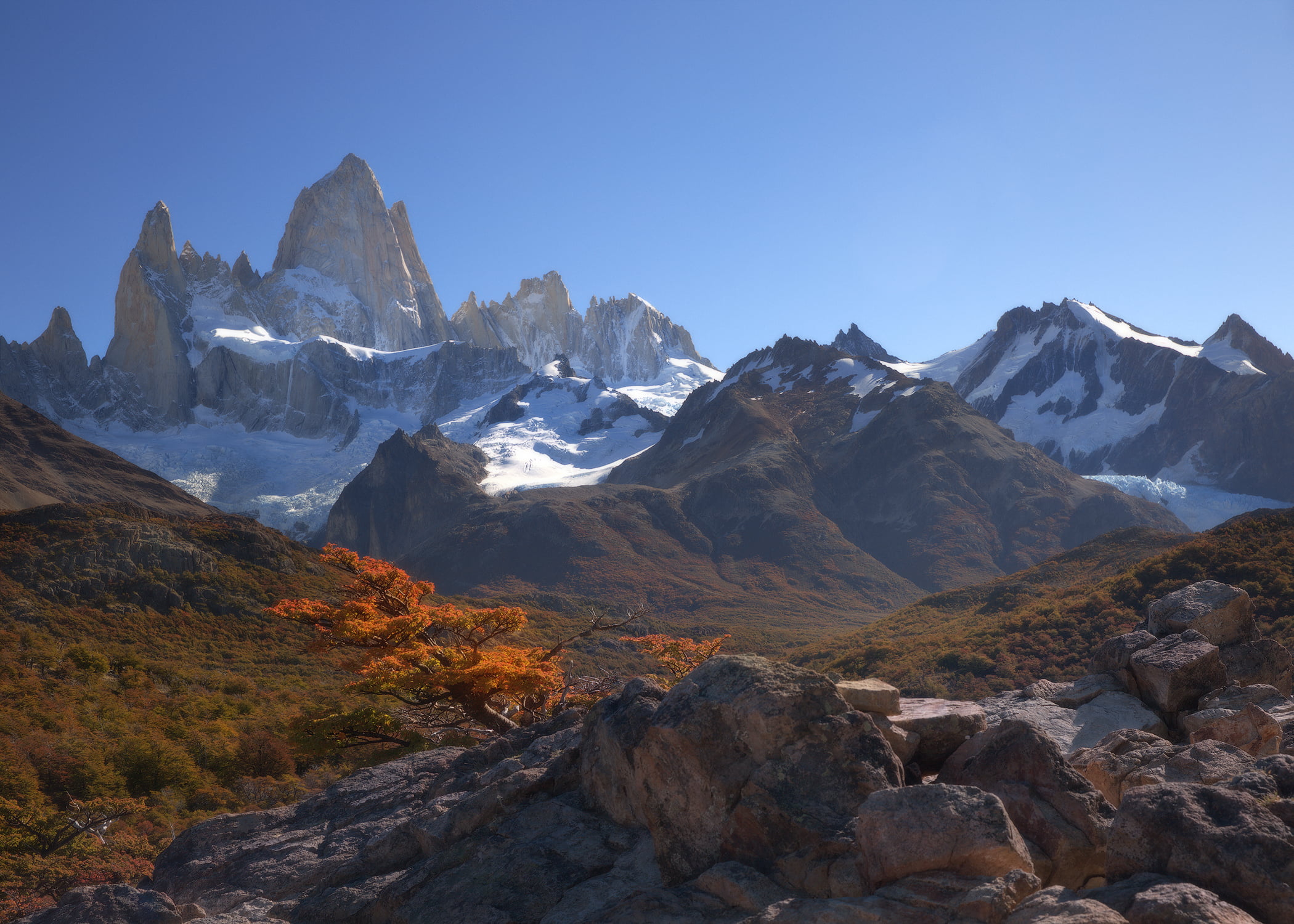 mountains, fall, snow, Fitz Roy, Patagonia, clear sky, Monte Fitz Roy, 1080P, HD Wallpaper
