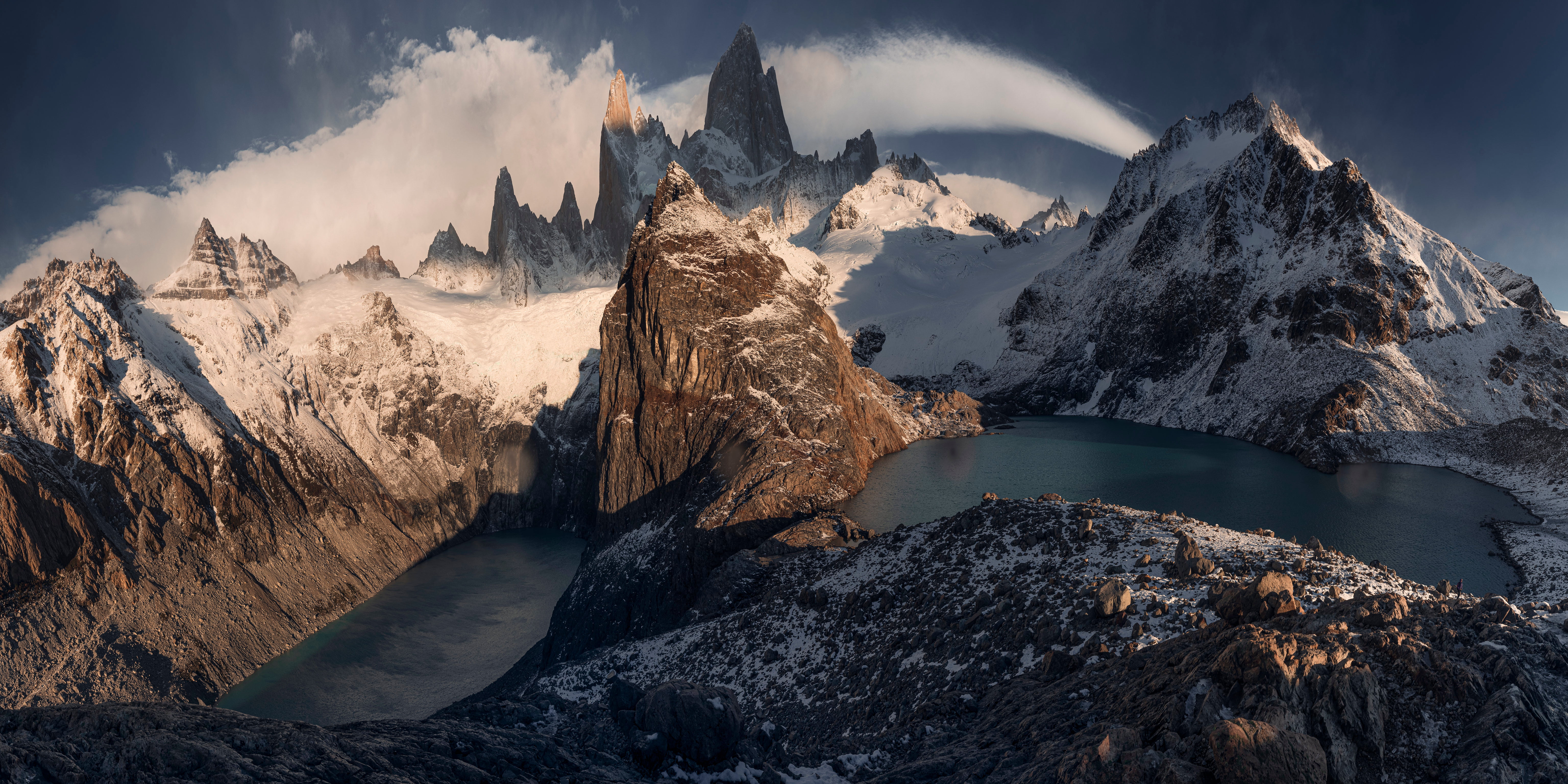 snow, Patagonia, 5K, Argentina, panorama, nature, winter, Monte Fitz Roy, mountains, clouds, landscape, HD Wallpaper