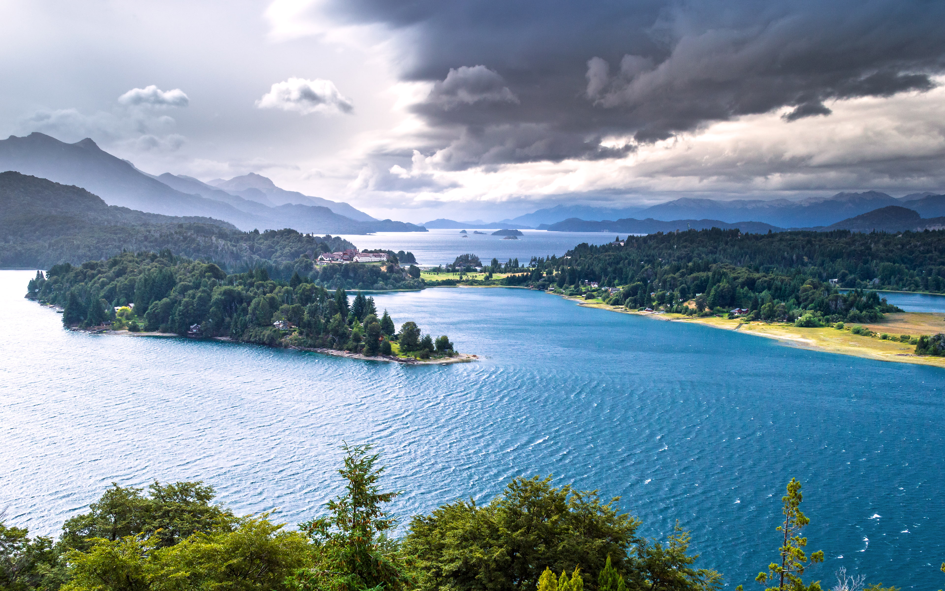mountains, Argentina, lake, 4K, Patagonia, panorama, lake Nahuel Huapi, forest, Nahuel Huapi Lake, HD Wallpaper