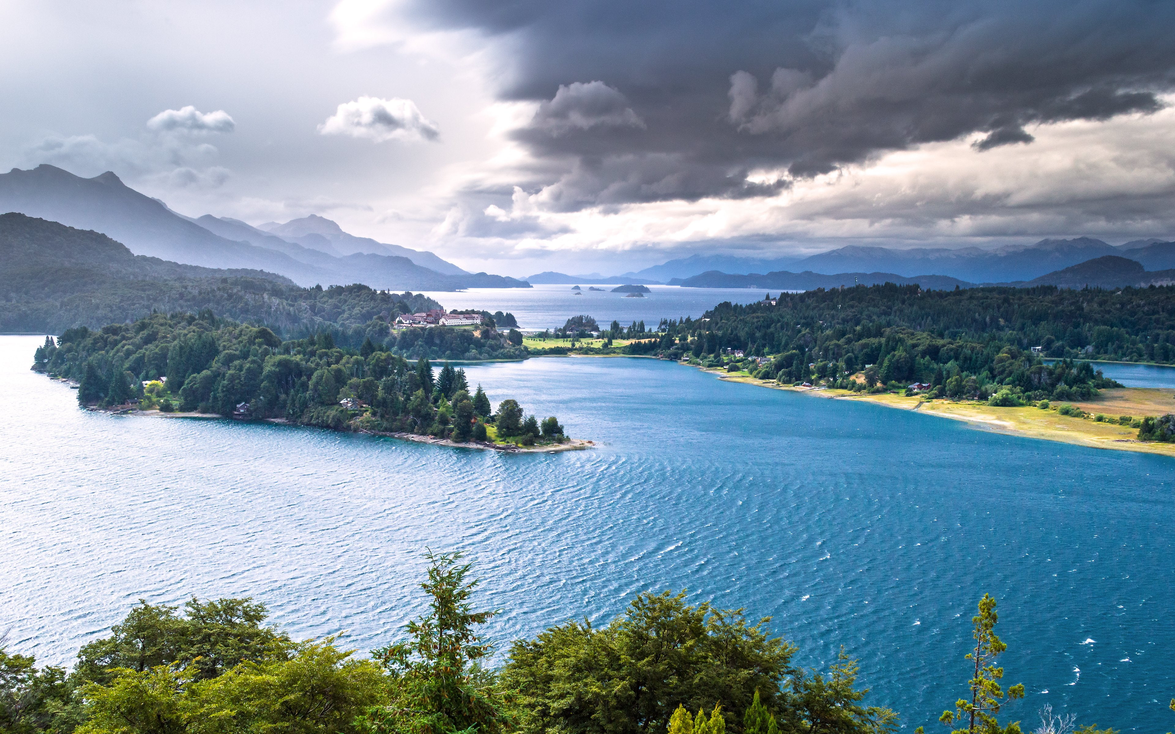 4K, lake, argentina, panorama, mountains, lakes, forests, patagonia, nahuel, huapi, HD Wallpaper
