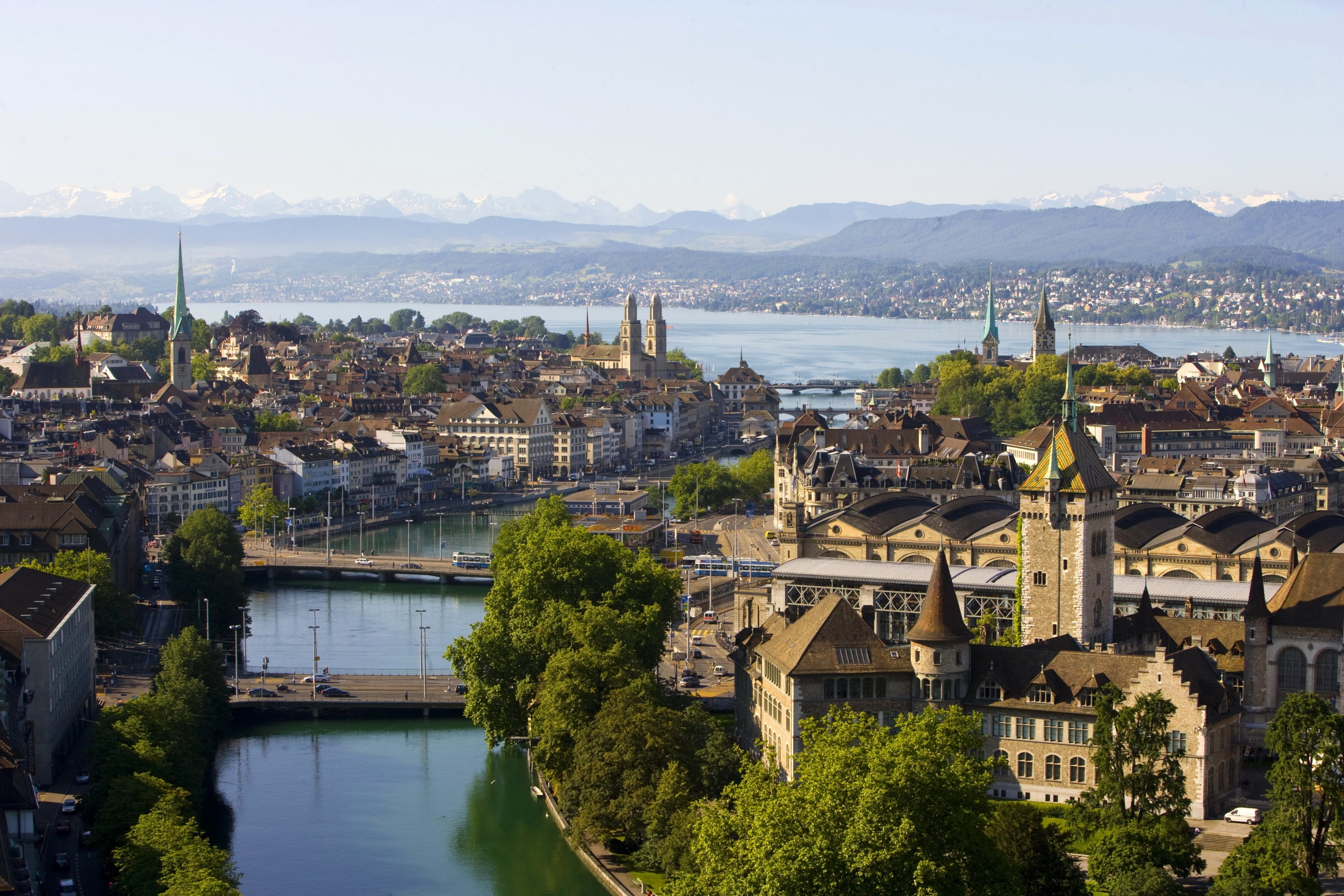 cityscape, high angle view, tree, zurich 4k desktop picture, outdoors, building, city, river, bridge, no people, bridge - man made structure, residential district, HD Wallpaper