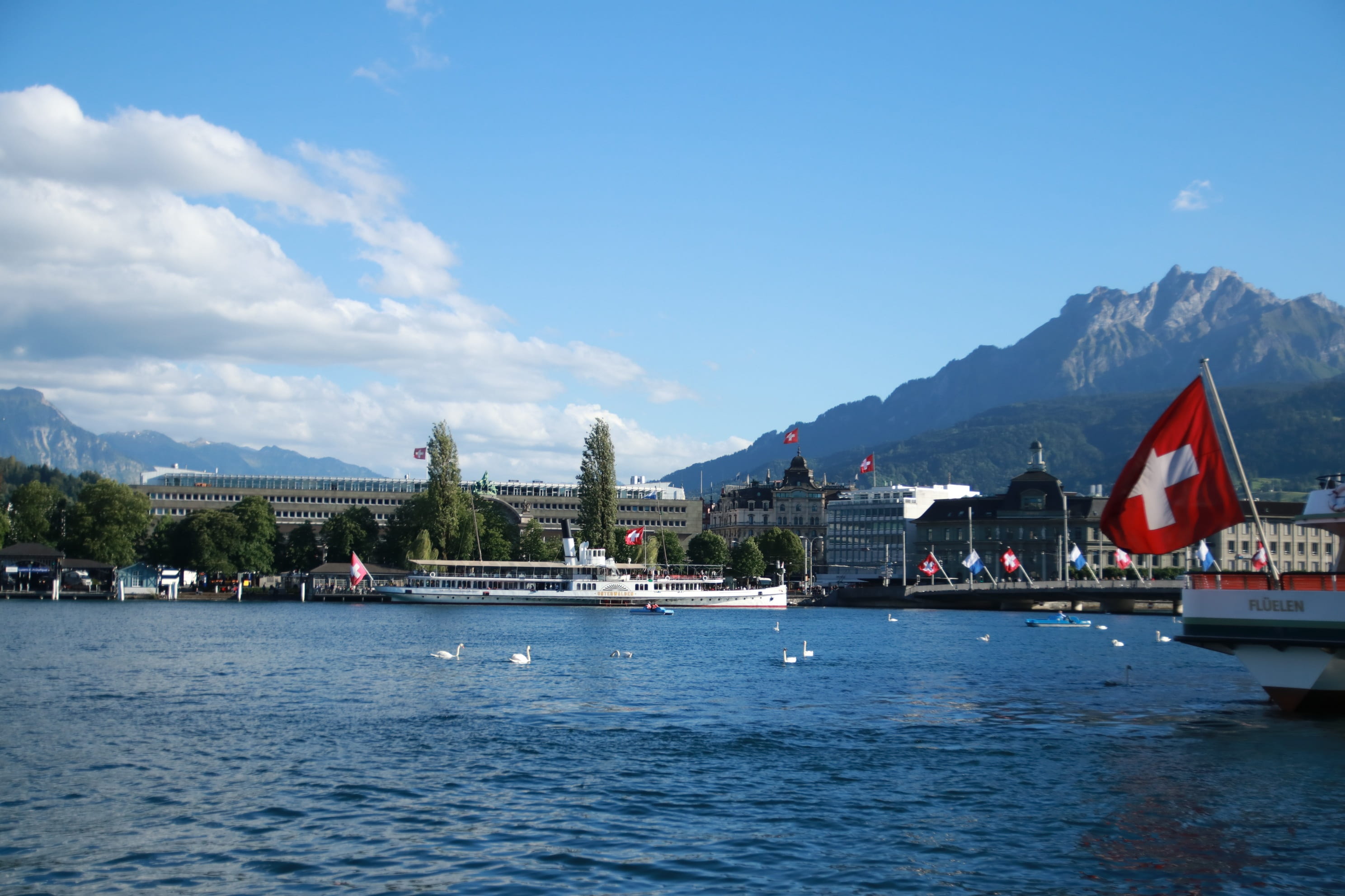 built structure, outdoors, lake zurich, architecture, building exterior, sky, mountain range, passenger craft, water, cloud - sky, day, nautical vessel, HD Wallpaper