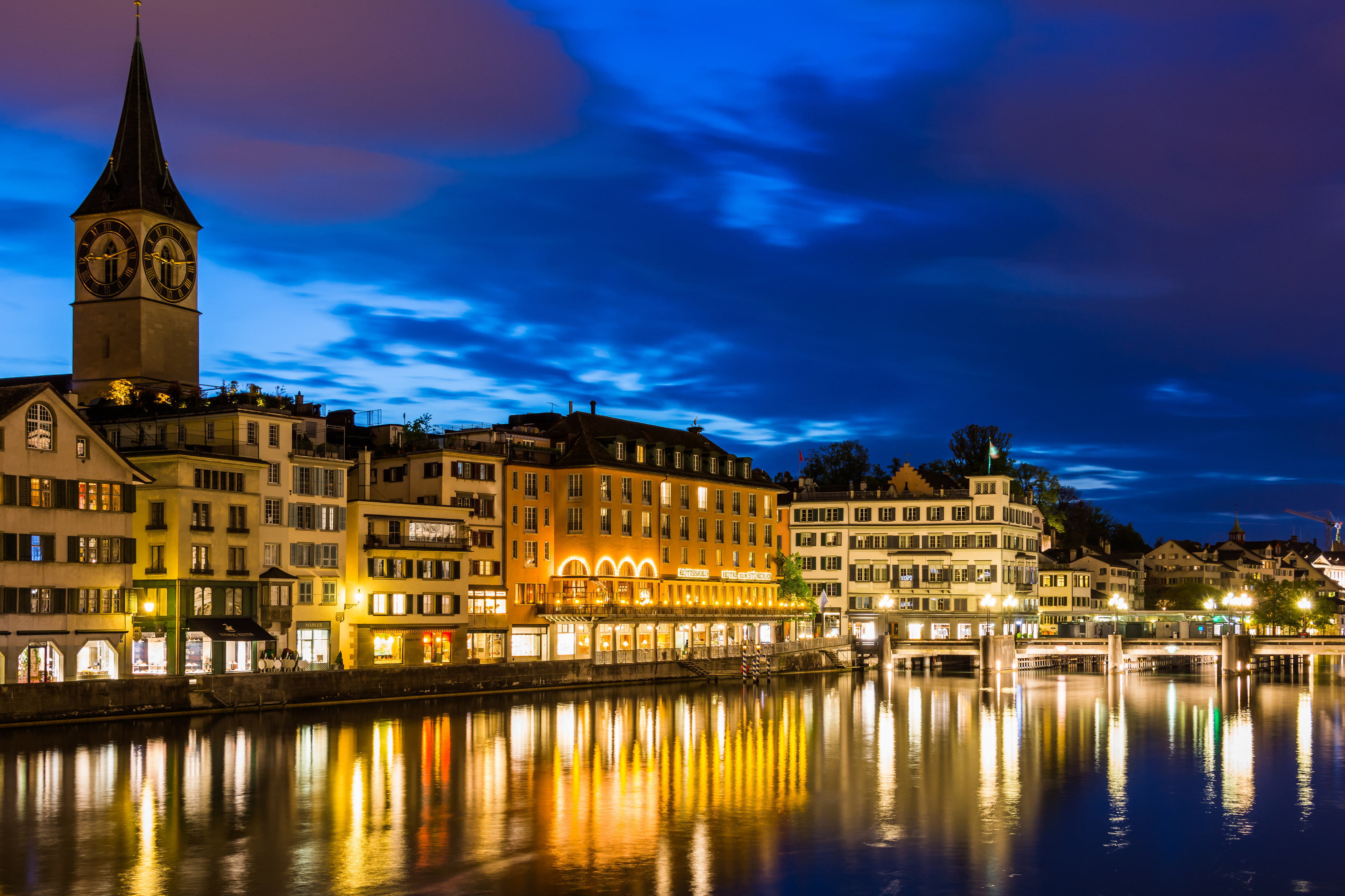 4K, night, the sky, home, river, photo, Switzerland, Zurich, the city, HD Wallpaper