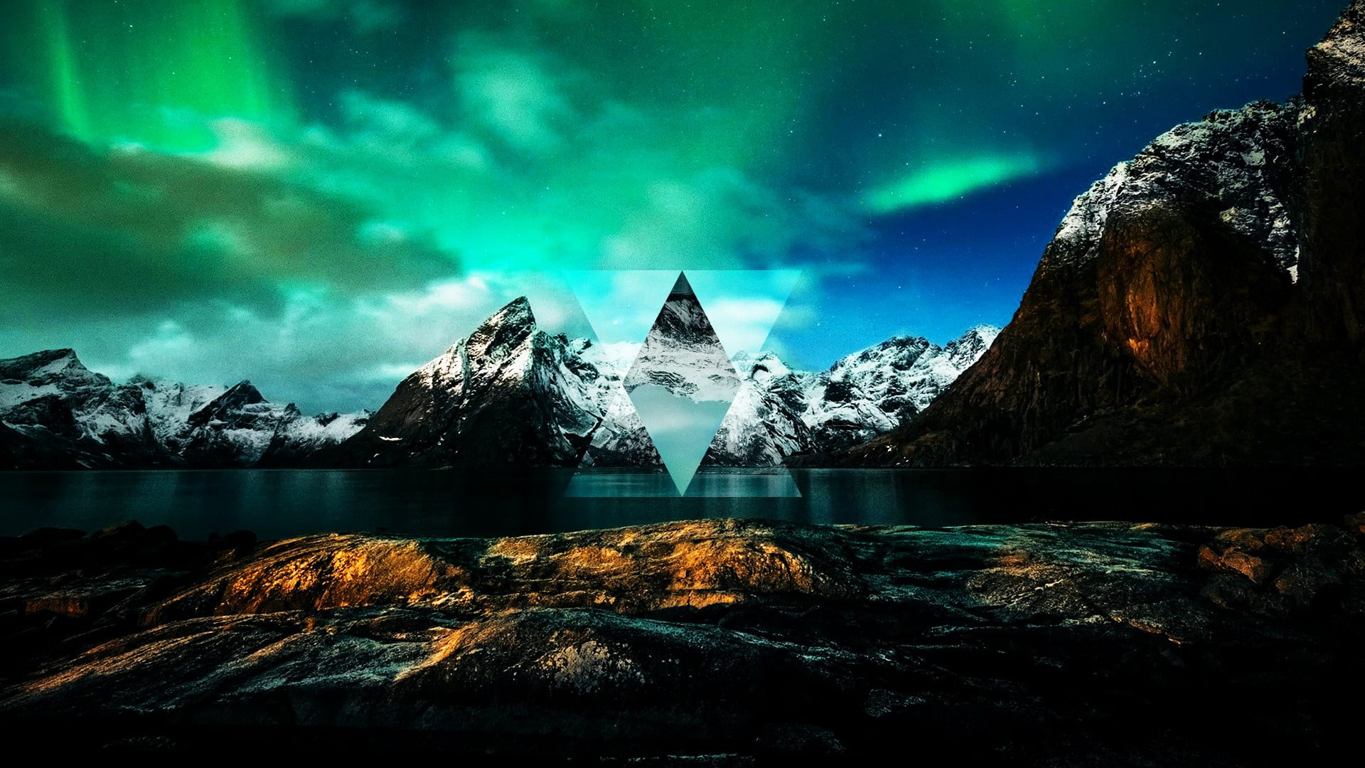 night, cloud - sky, nature, winter, snow, tranquility, polyscape, lake, no people, beauty in nature, cityscape, astronomy, snowcapped mountain, rock, digital art, HD Wallpaper