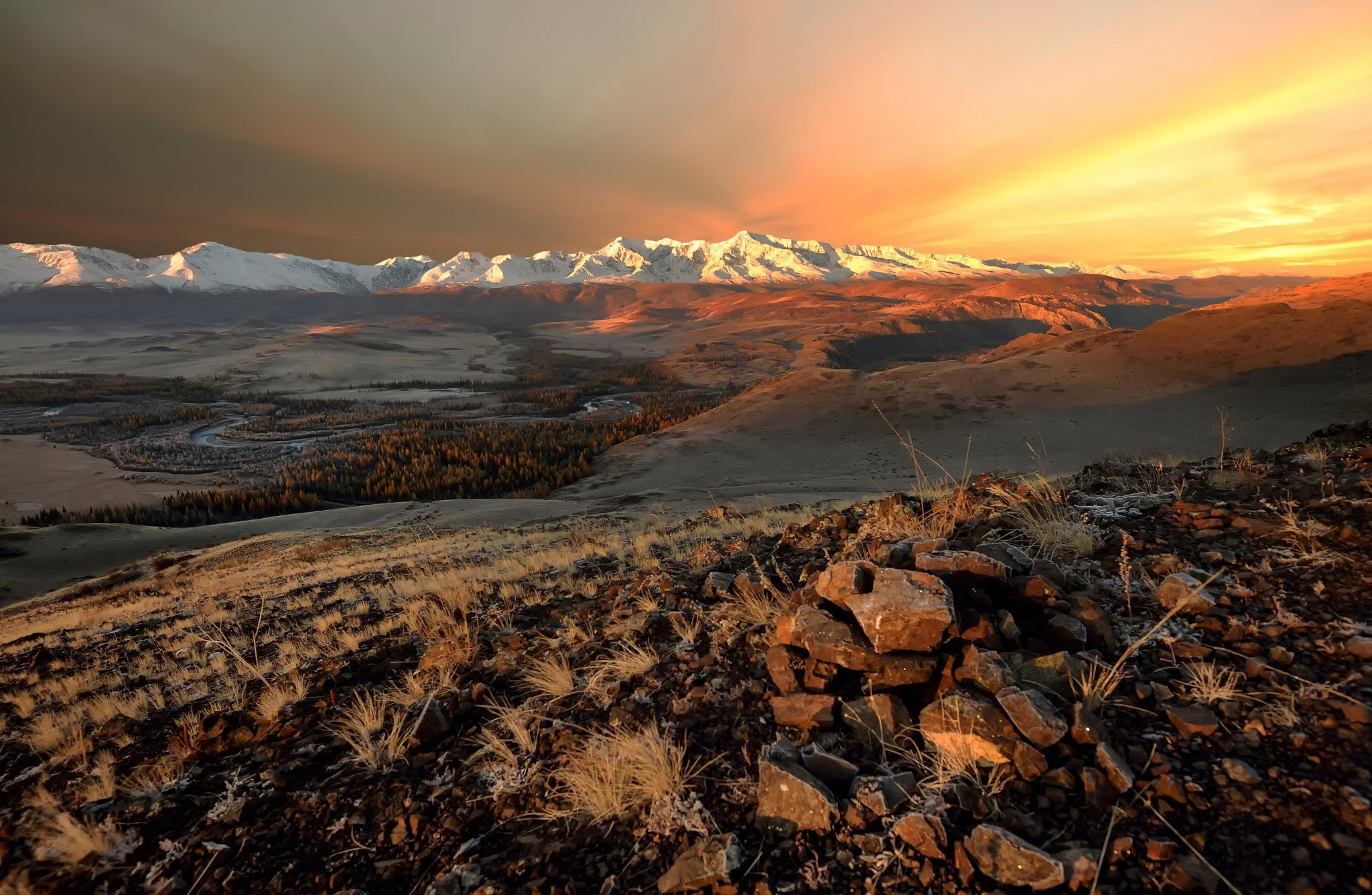 1080P, desert, altai, sunrise, mountain, autumn, north-chui, ridge, sunset, HD Wallpaper