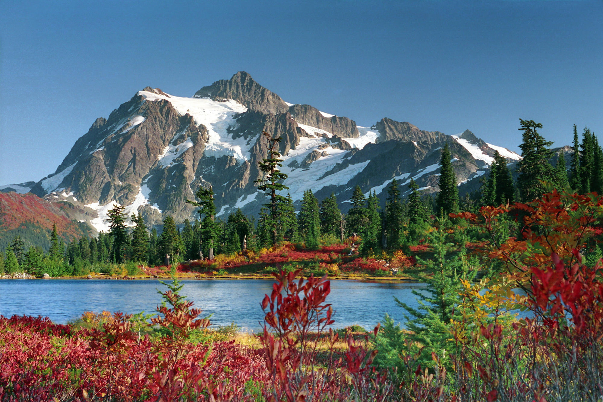 mountain, lake, water, scenics - nature, mountain peak, formation, plant, national, snowcapped mountain, beauty in nature, landscape, outdoors, pine tree, HD Wallpaper