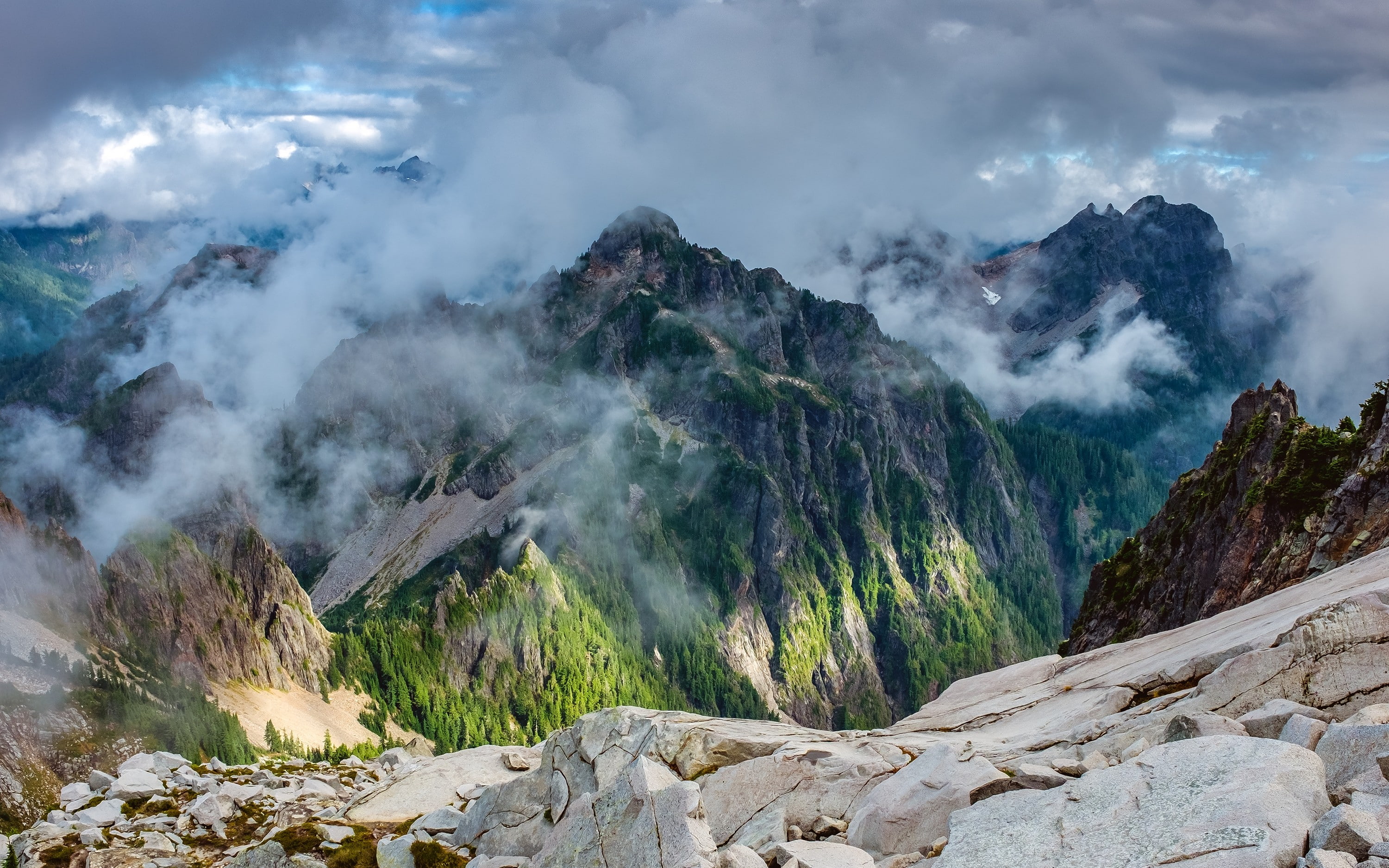 summit, landscape, forest, Washington state, 2K, nature, mountains, clouds, daylight, HD Wallpaper