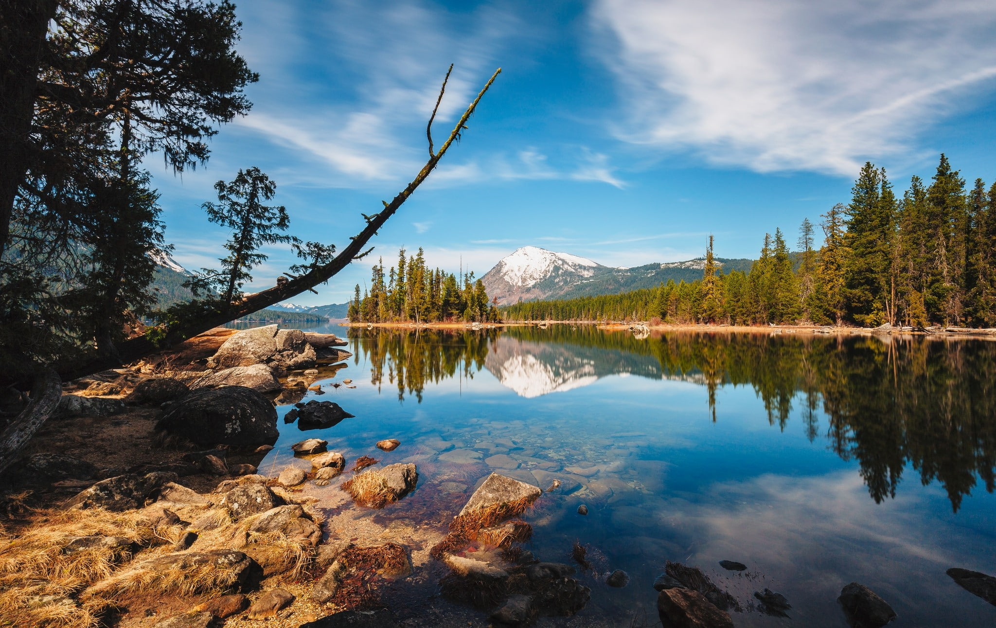 calm, landscape, lake, nature, 1080P, photography, forest, snowy peak, Washington state, reflection, HD Wallpaper