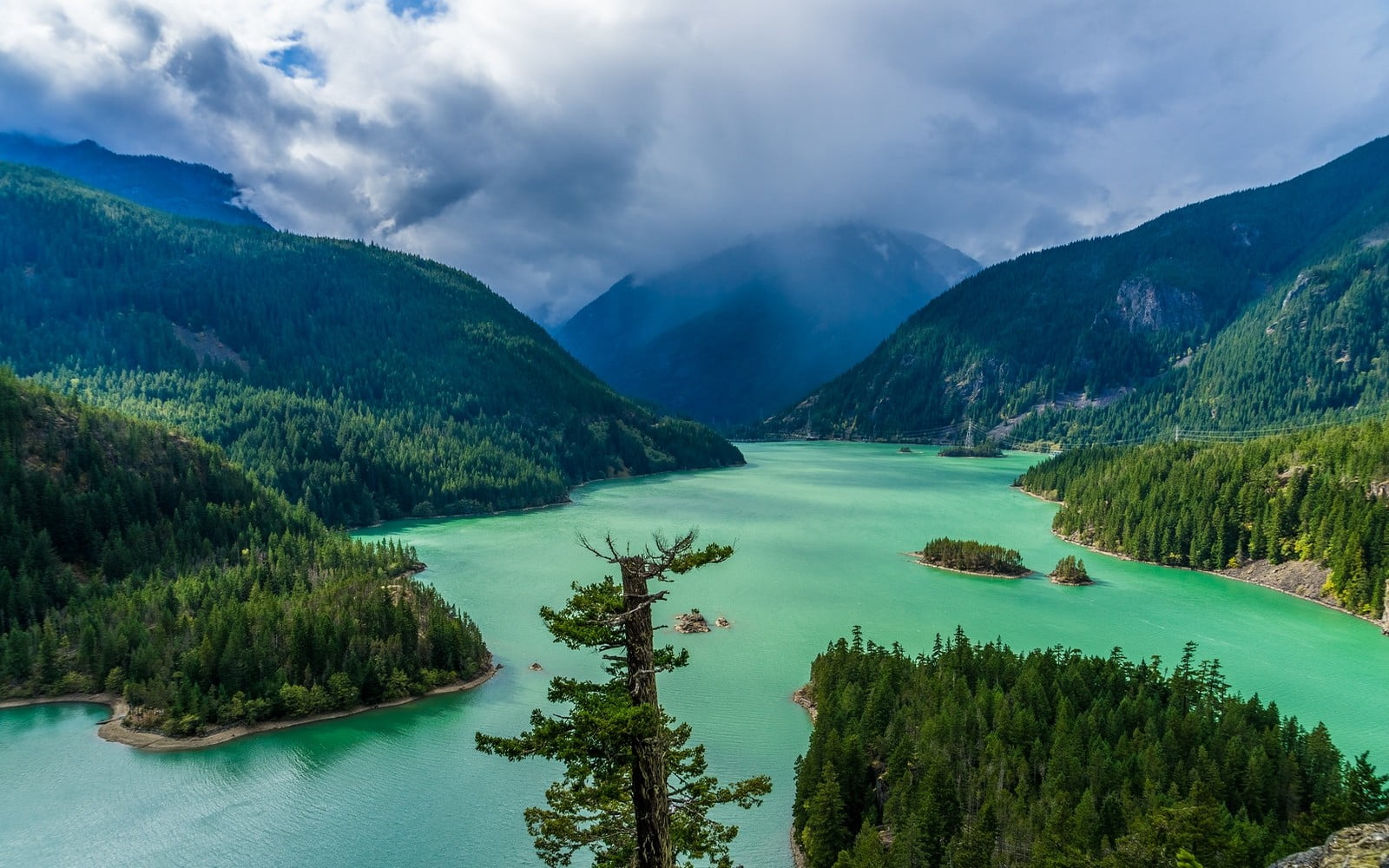 forest, water, cloud - sky, green color, day, 720P, photo, mountain range, scenics - nature, idyllic, beauty in nature, no people, mountains, turquoise colored, HD Wallpaper