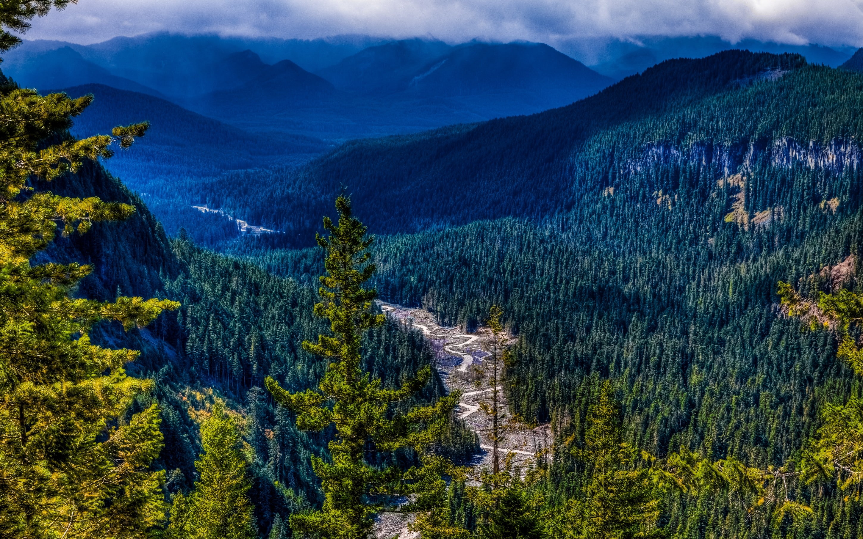 Washington state, photography, valley, 2K, mountains, landscape, forest, clouds, river, nature, HD Wallpaper