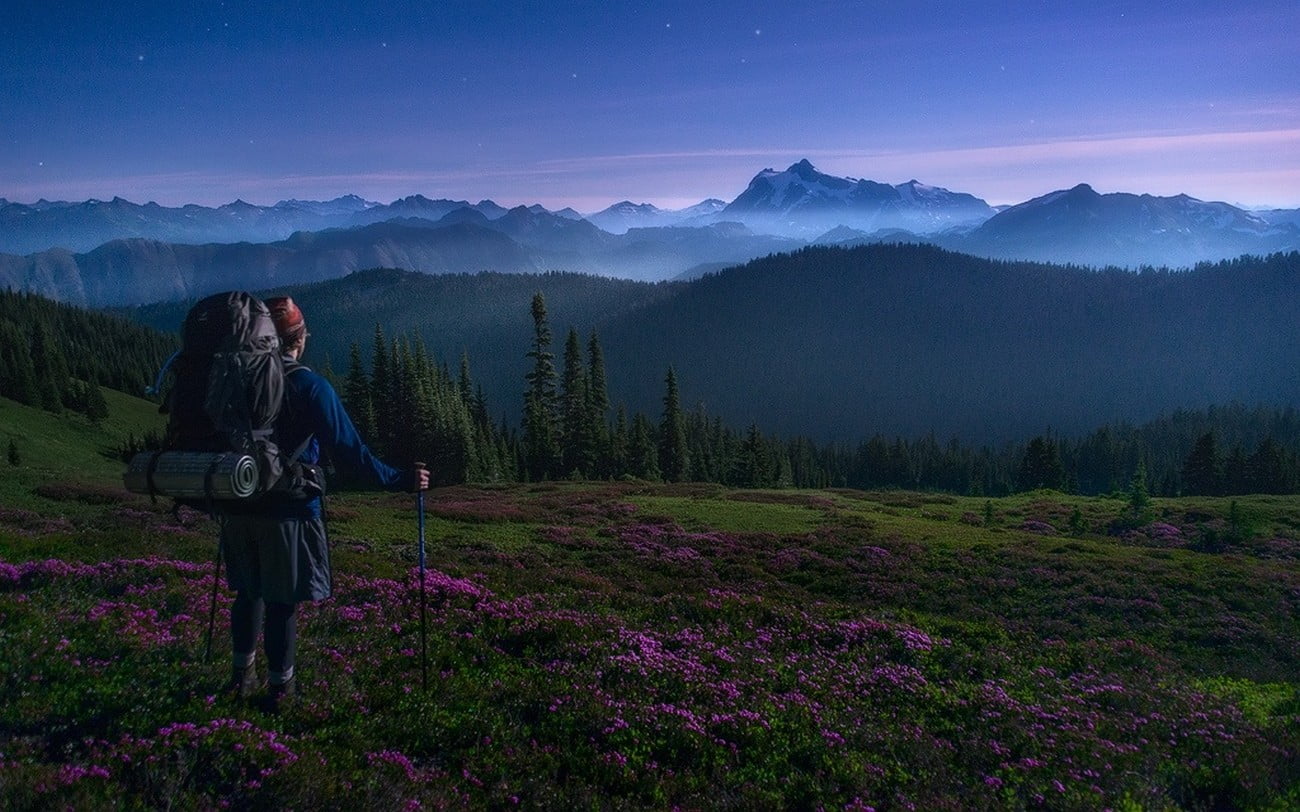 scenics - nature, backpacks, spring, women, sky, real people, hiking, nature, environment, looking at view, outdoors, 720P, snowy peak, mountain range, HD Wallpaper