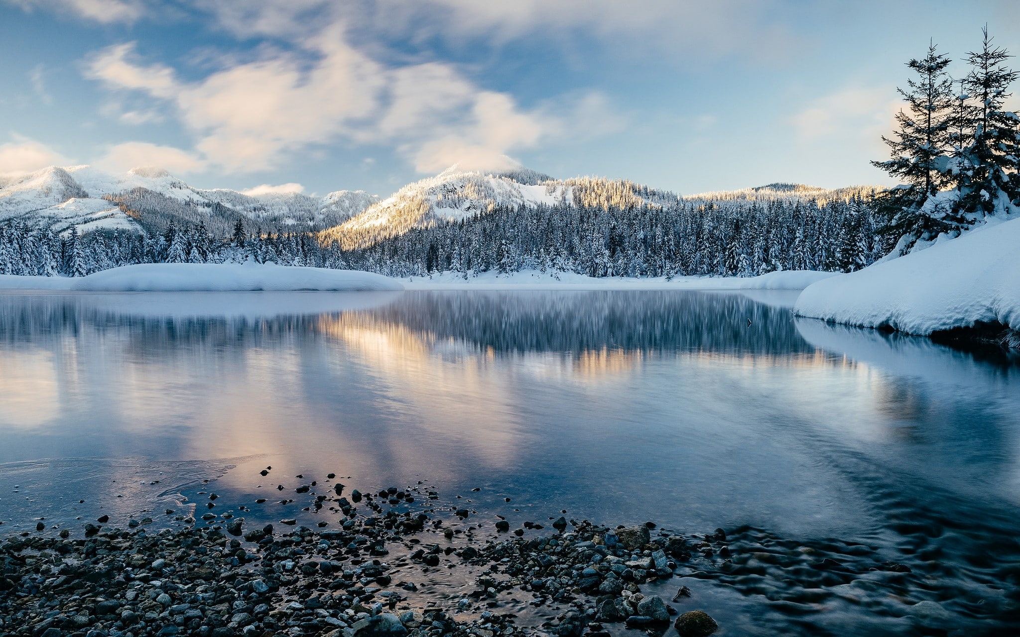 photography, forest, scenics - nature, tree, outdoors, reflection, morning, snowcapped mountain, mountain, beauty in nature, cloud - sky, mountains, water, HD Wallpaper
