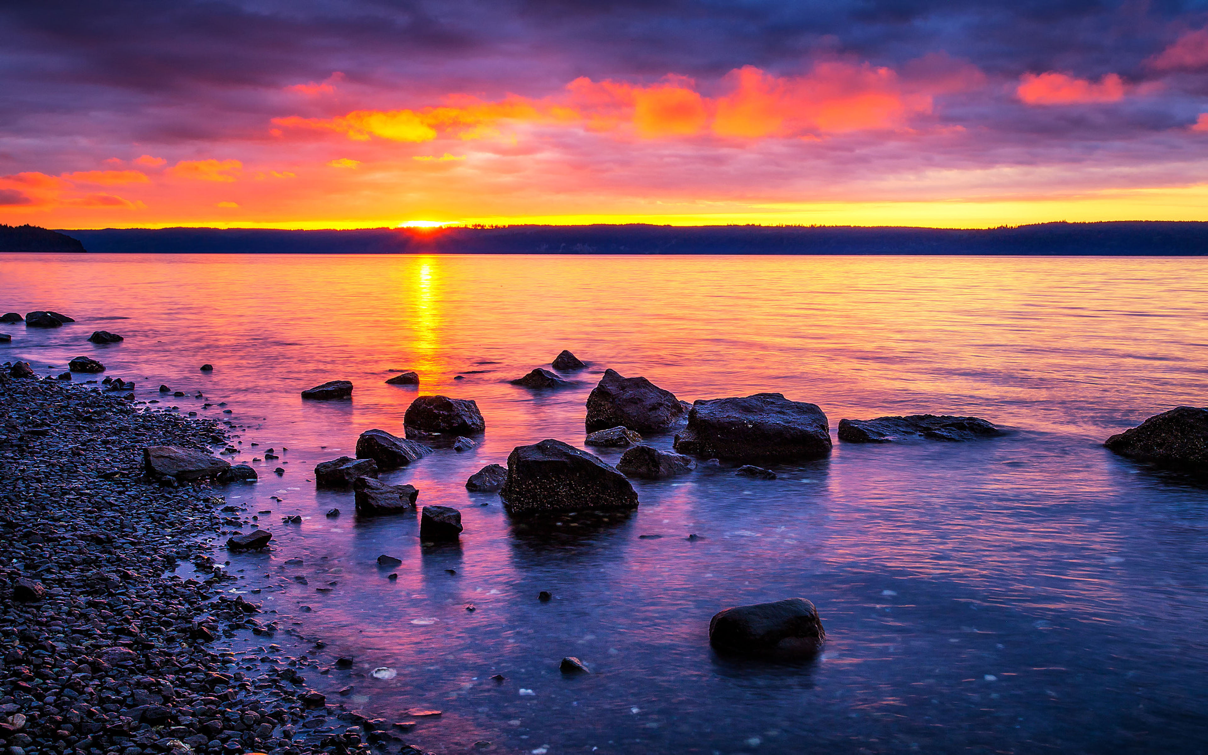water, sound, land, tranquility, cloud - sky, olympic, nature, national, rock, usa, orange color, reflection, beach, campground, sunrise, rock - object, HD Wallpaper