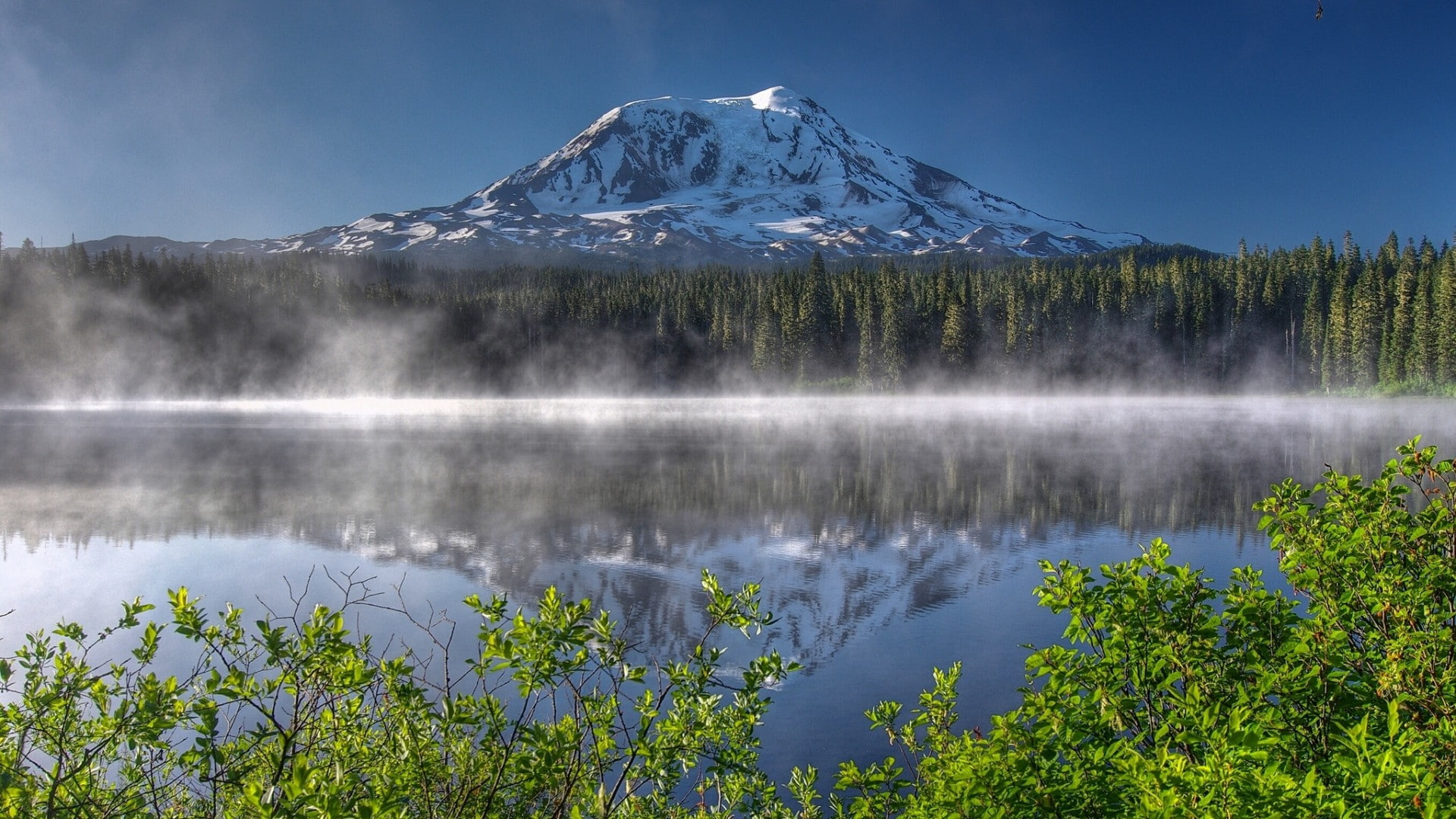 mountains, reflection, sky, trees, snow, USA, tranquility, 1080P, winter, landscape, tranquil scene, nature, pine trees, no people, lake, mist, cold temperature, HD Wallpaper