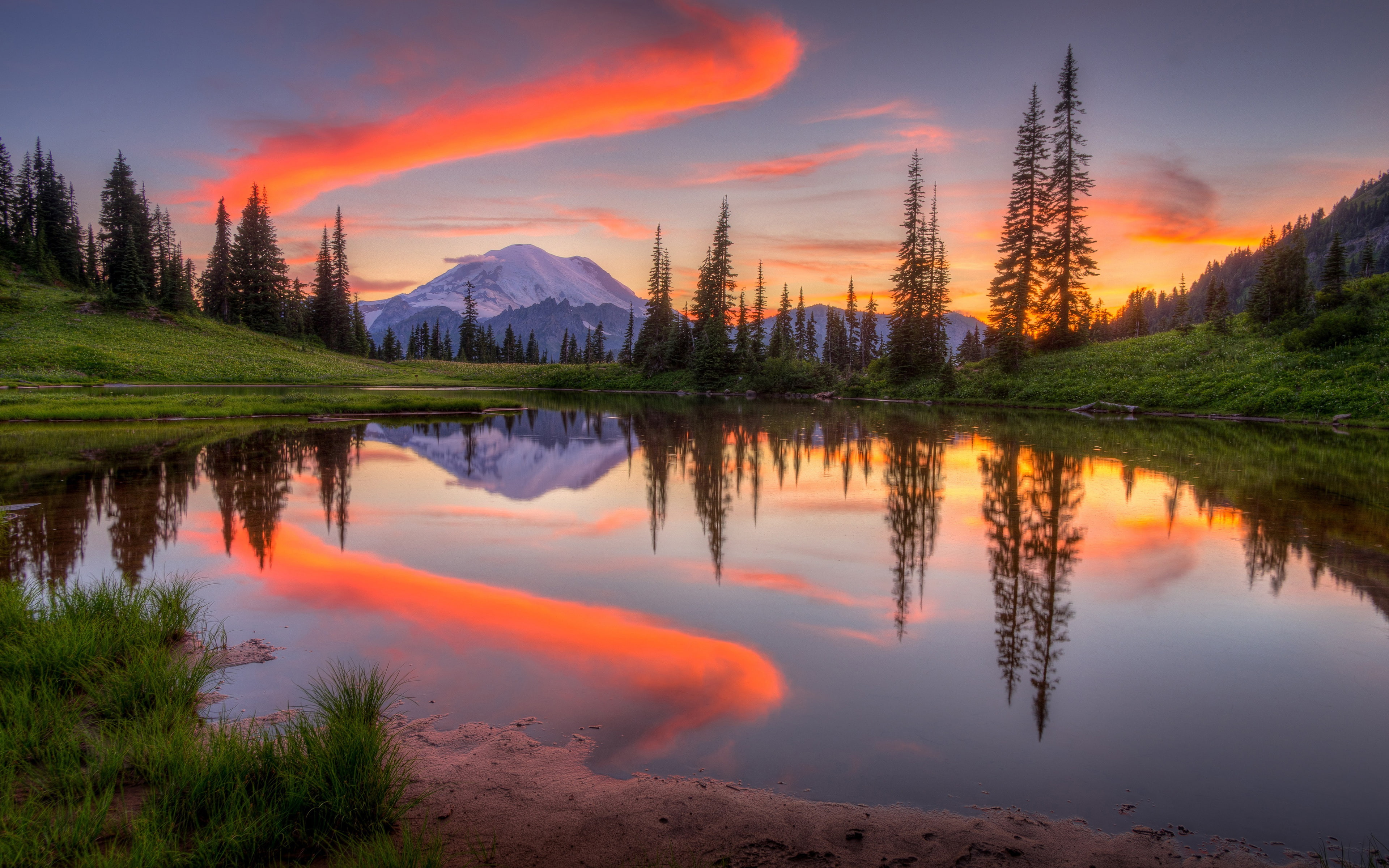 4K, water, sunset, reflection, mountain, washington, sky, tipsoo, lake, snow, forest, HD Wallpaper