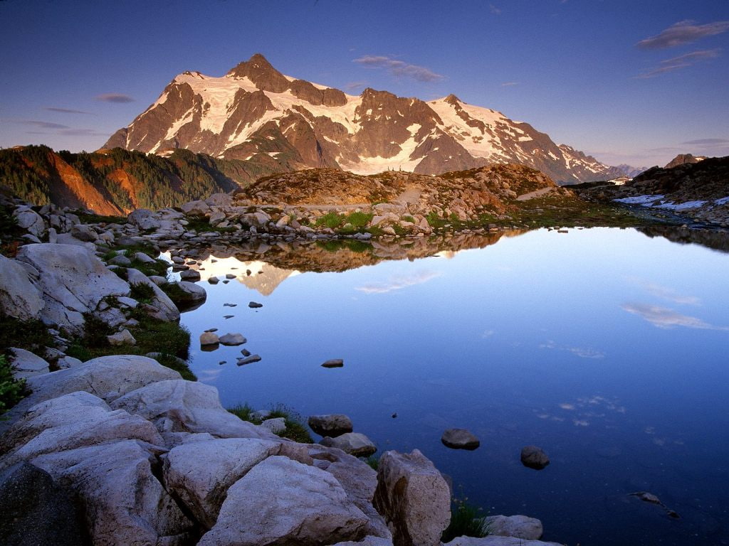mountain, nature, lake, Blue, 480P, hd, lakes, washington, mount, art, shuksan, mountains, usa, sunset, HD Wallpaper