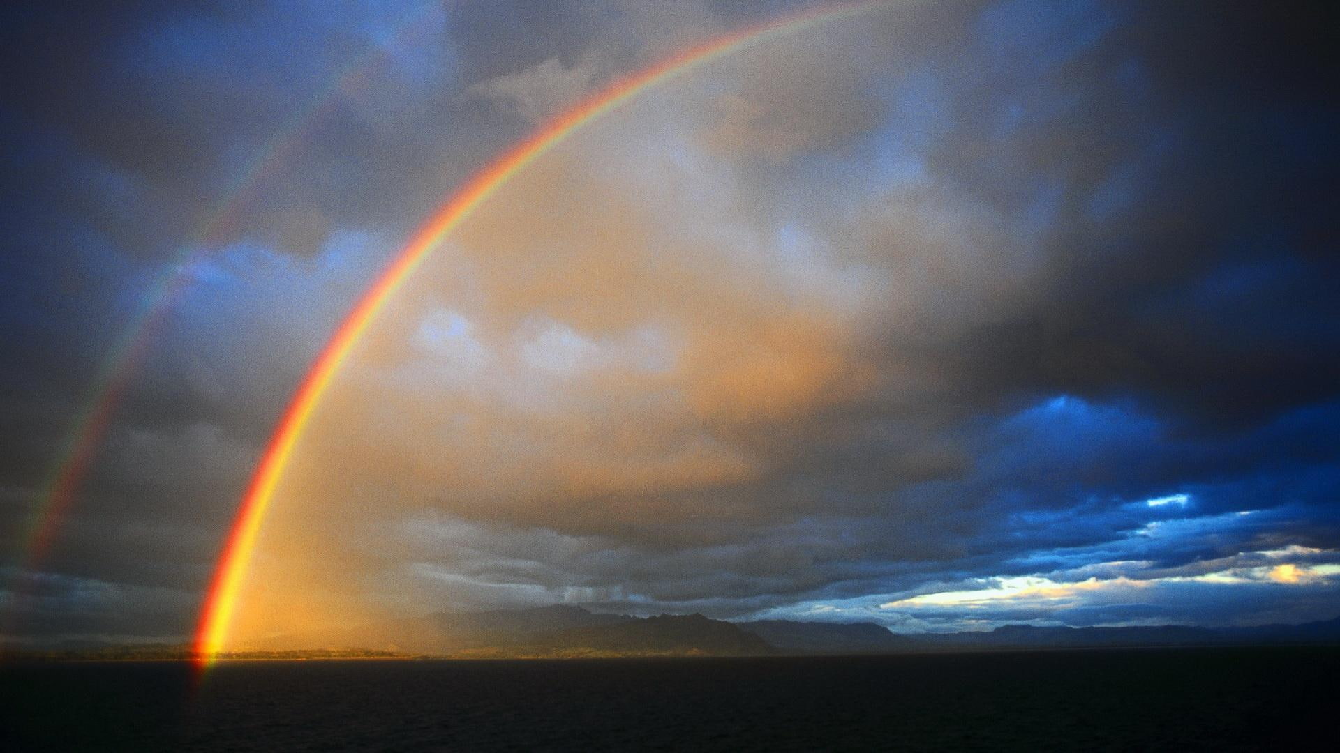 1080P, nature, rainbows, rainbow, nature and landscapes, stormy, clouds, double, bright, HD Wallpaper