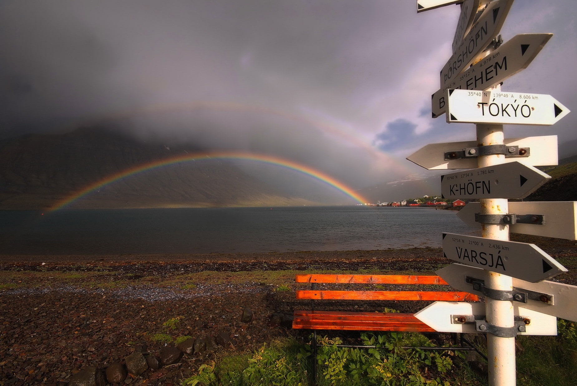 rainbow, tranquil scene, sign, outdoors, signs, 720P, road sign, landscape, guidance, bench, tranquility, beauty in nature, communication, day, no people, HD Wallpaper