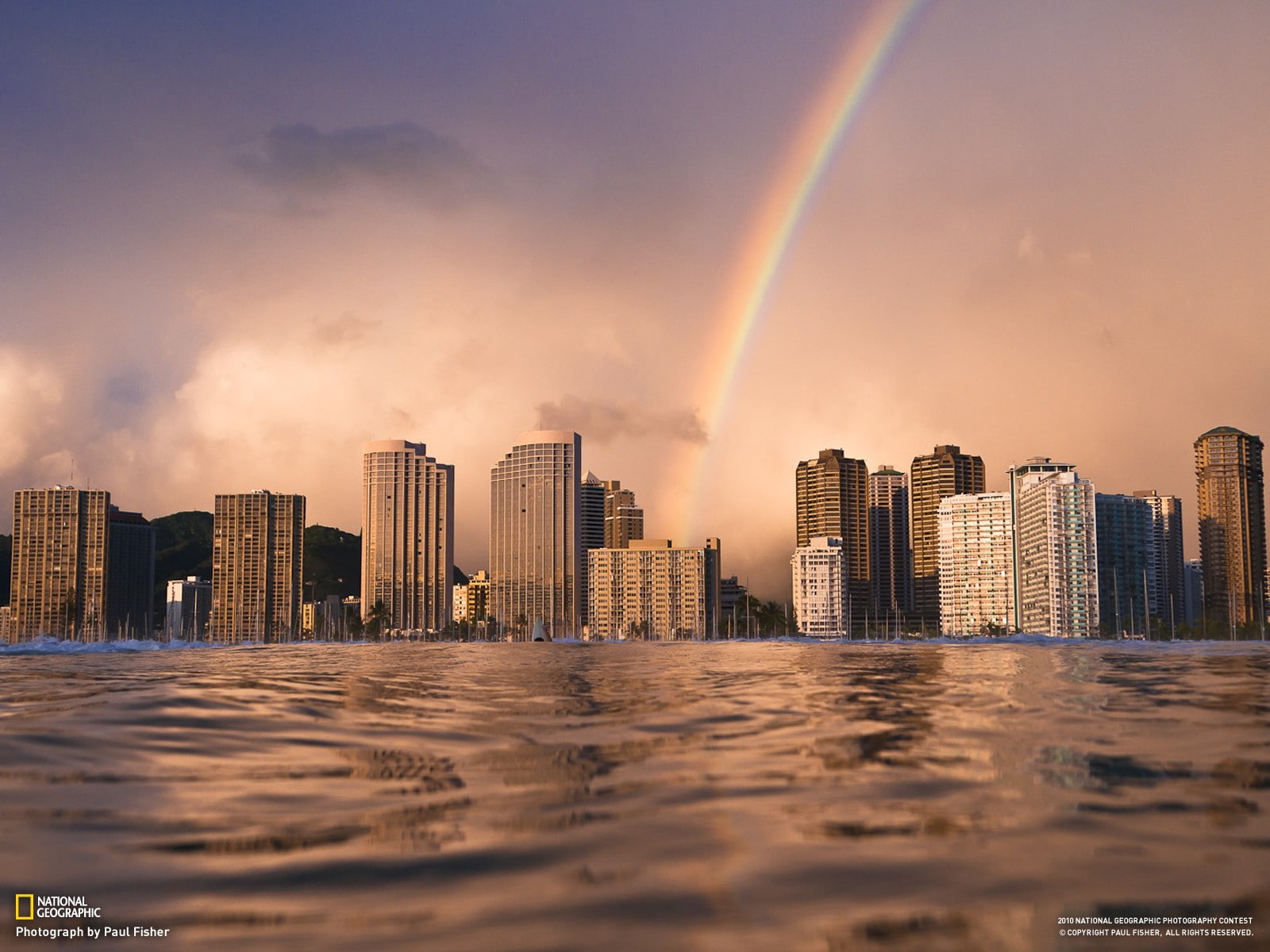 rainbows, nature, 720P, skyscraper, sky, sunset, cloud - sky, landscape, double rainbow, office building exterior, urban skyline, rainbow, building, city, HD Wallpaper
