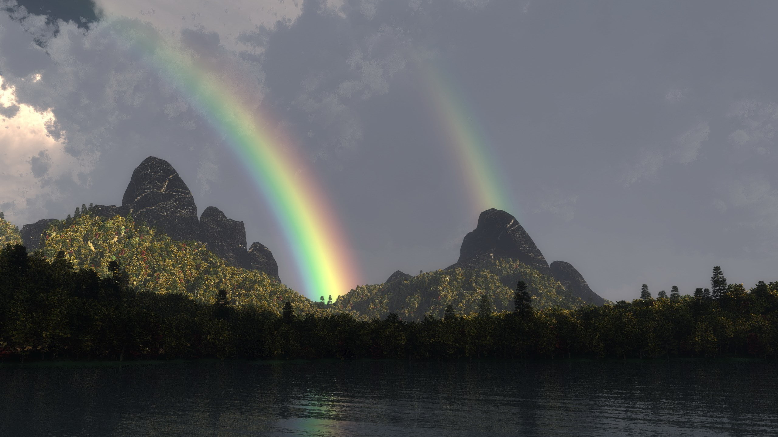 non-urban scene, mountain, multi colored, tranquil scene, nature, tranquility, sky, double rainbow, water, tree, waterfront, scenics - nature, widescreen nature 2560x1440, HD Wallpaper