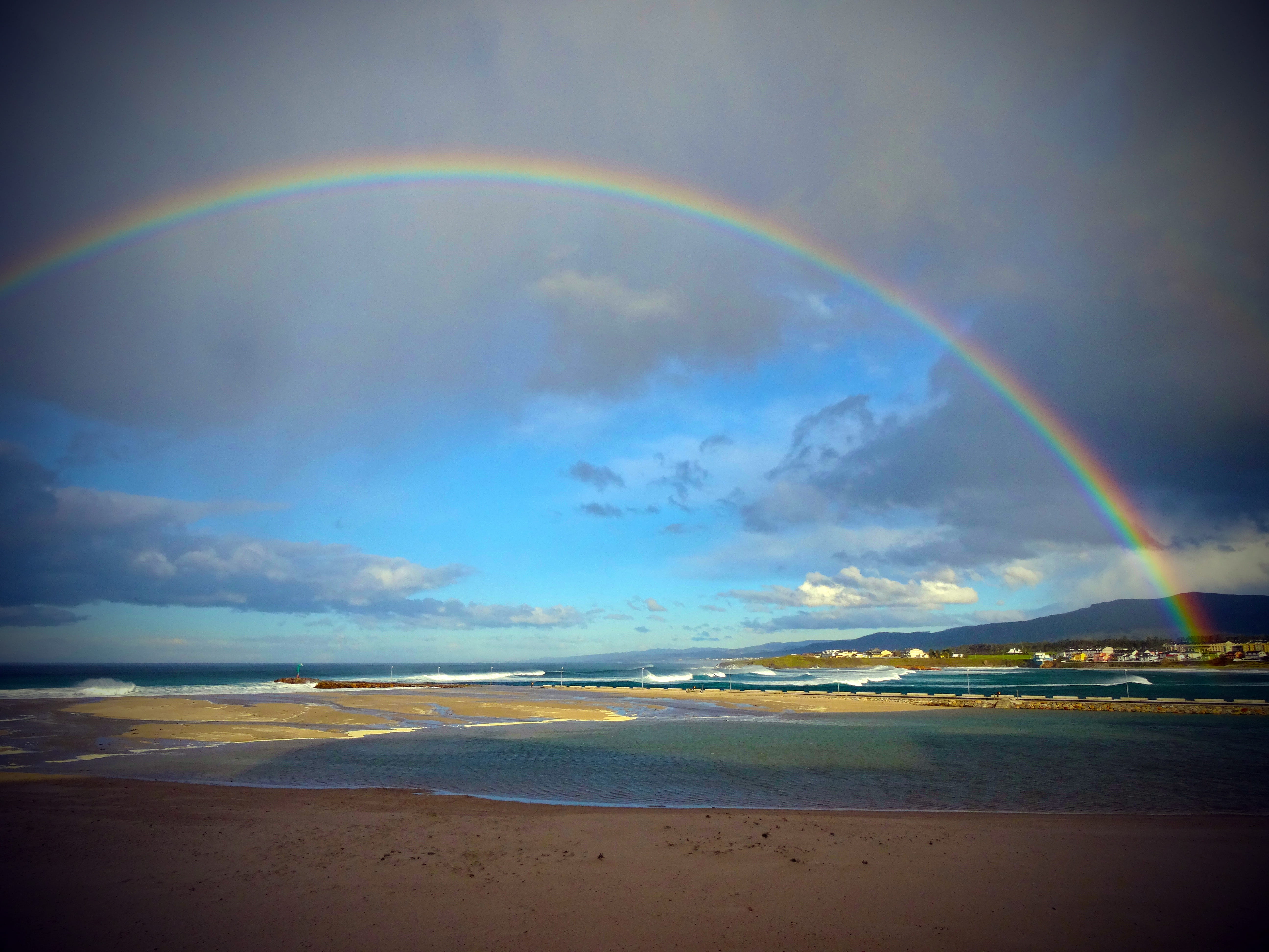 clouds, spain, no people, land, rainbow, sun, Lugo, cloud - sky, natural phenomenon, Sand, nature, sky, horizon over water, scenics, beach, lugo, sand, HD Wallpaper