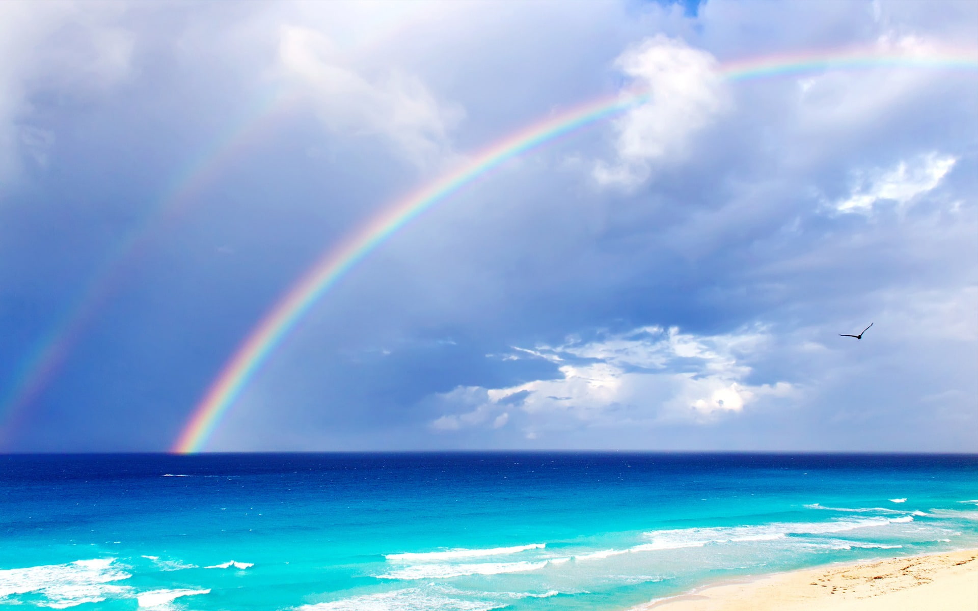 desktop, idyllic, wallpape, illustration, hd, cloud - sky, rainbow, double, body, water, double rainbow, tranquility, beach, turquoise colored, tranquil scene, HD Wallpaper