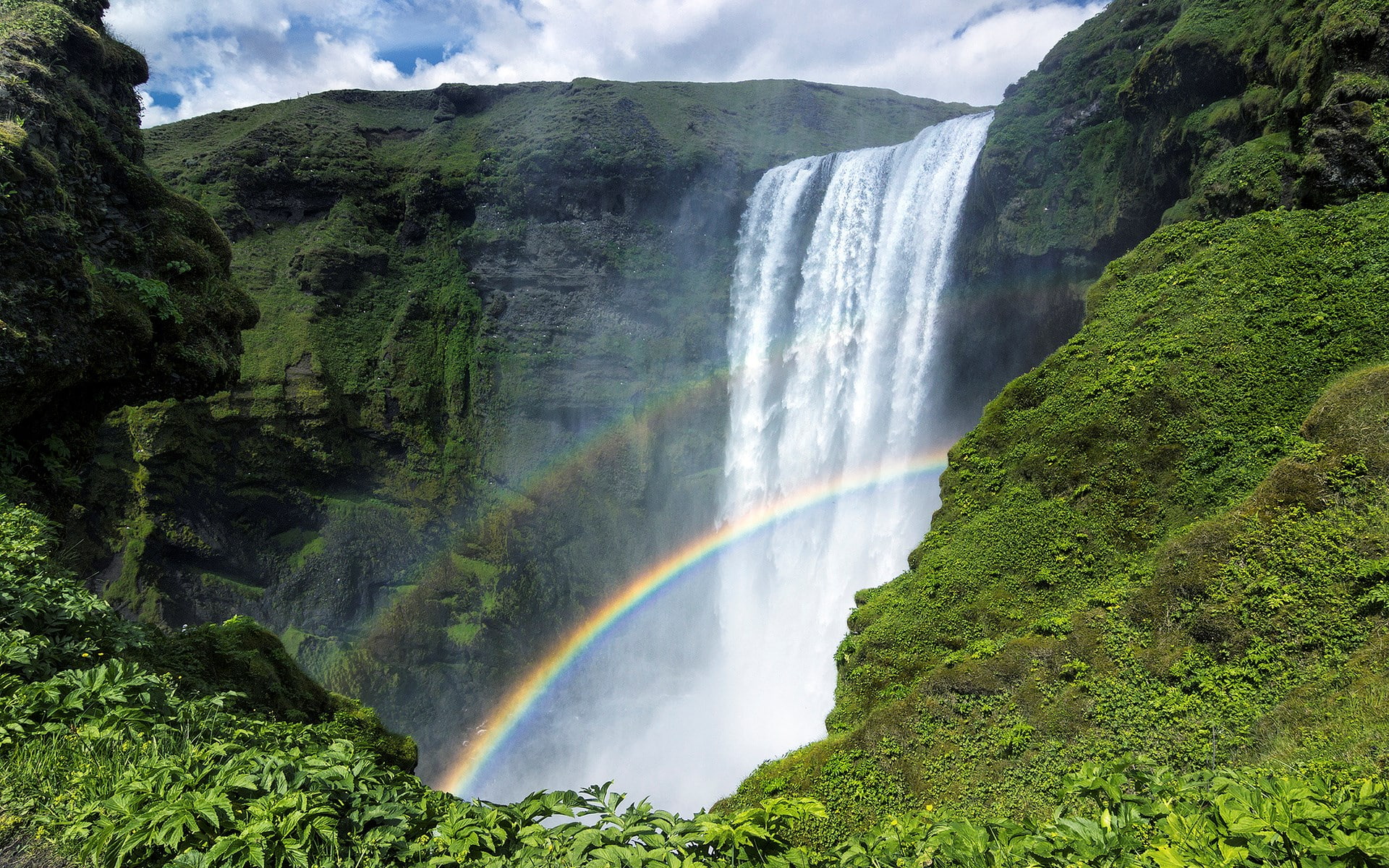 flowing, tree, travel, non-urban scene, environment, plant, rainbow, land, waterfall, mountain, 1080P, double rainbow, green color, water, long exposure, HD Wallpaper