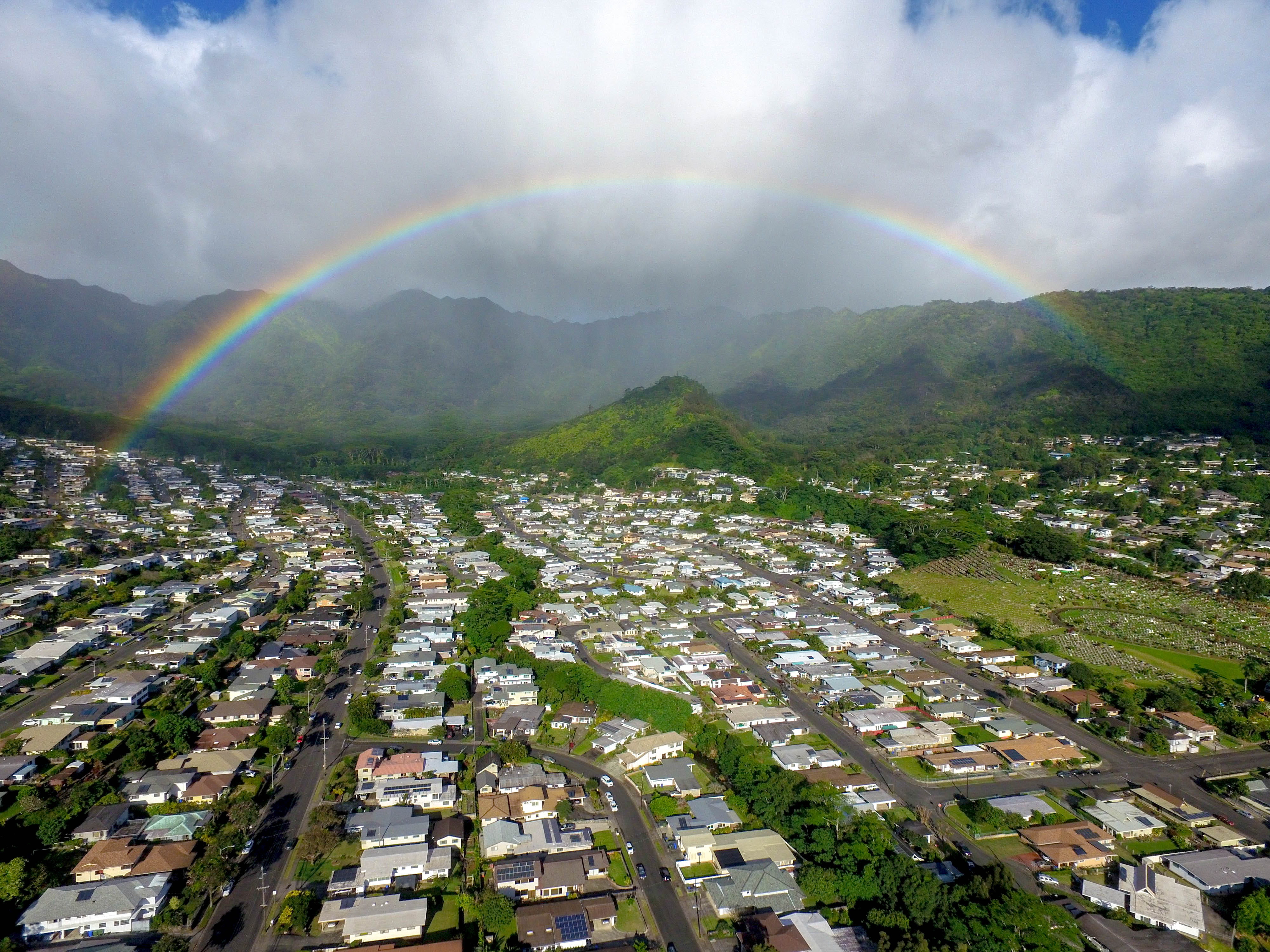 day, tree, double rainbow, mountains, outdoors, building exterior, building, united states, hawaii, 4K, city, scenics - nature, no people, valley, manoa, HD Wallpaper