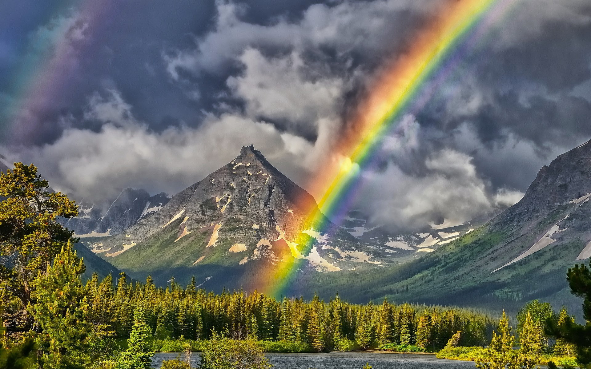 snowcapped mountain, double rainbow, mountain, tranquility, non-urban scene, cloud - sky, 1080P, land, power in nature, nature, landscape, sky, environment, HD Wallpaper