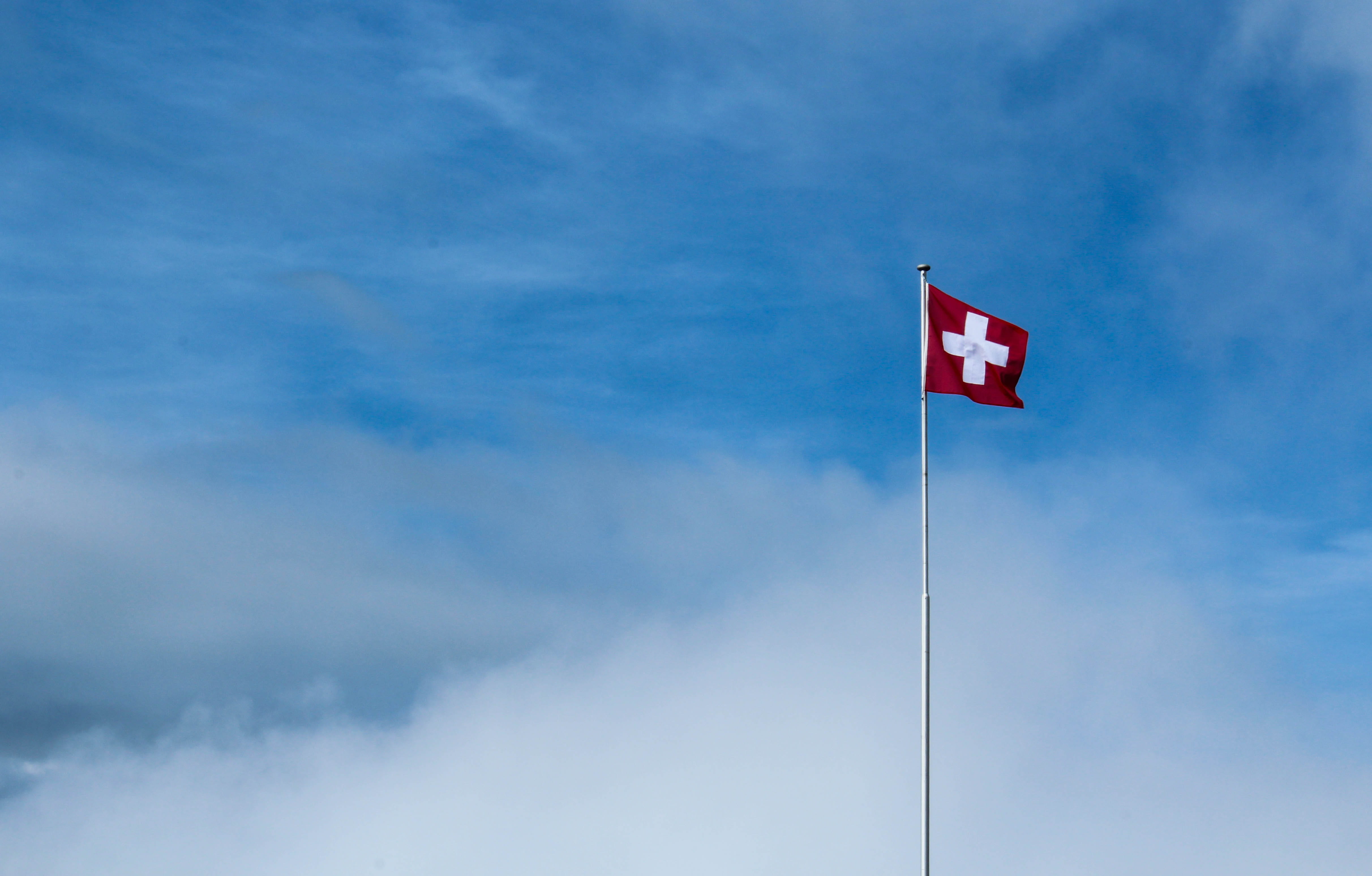 copy space, low angle view, nature, blue, outdoors, day, interlaken, environment, flag, summer, mountain, patriotism, red, pole, switzerland, 4K, cloud - sky, HD Wallpaper