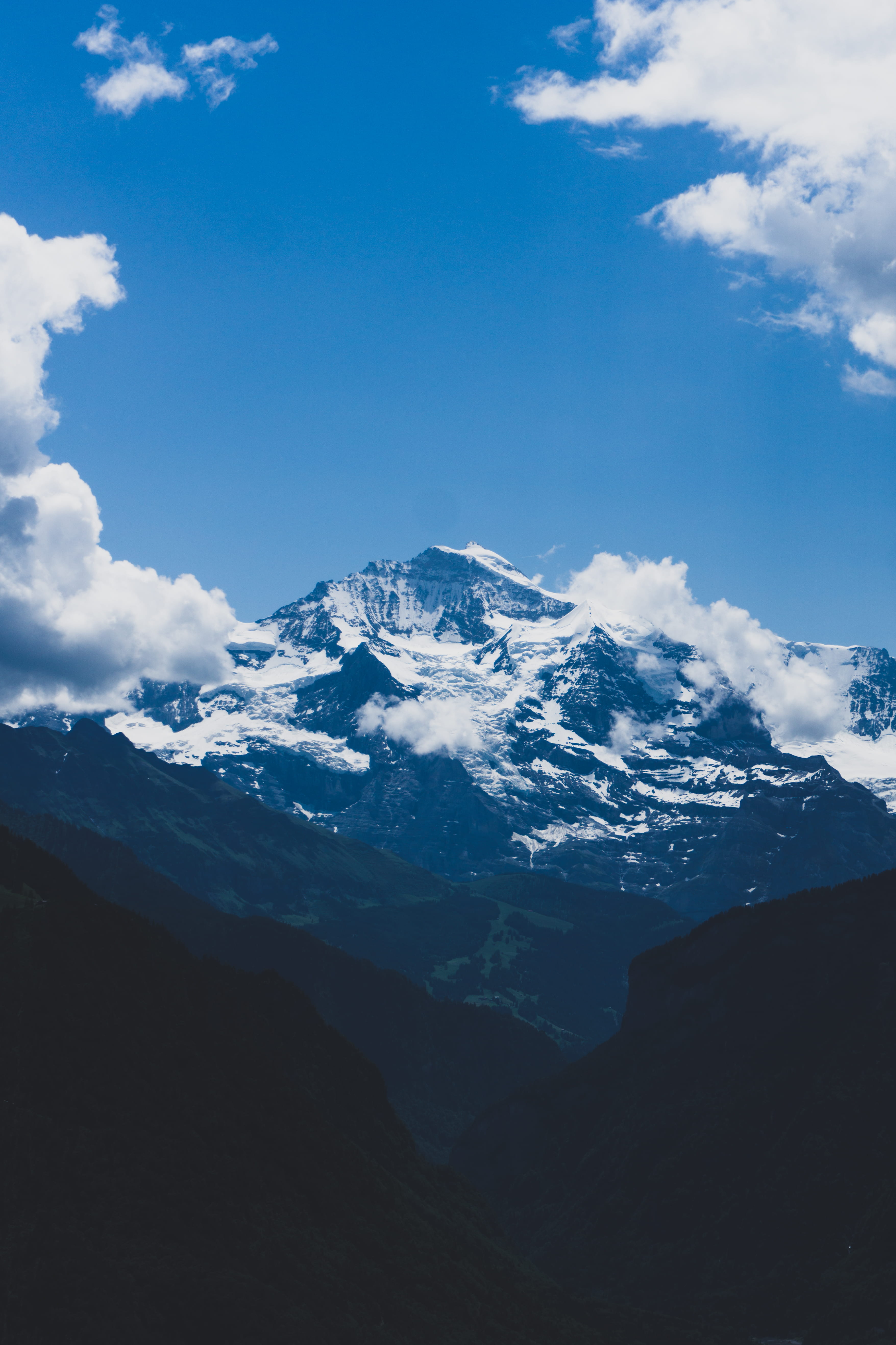 interlaken, no people, landscape, wanderlust, covered, tranquil scene, peak, cloud - sky, idyllic, adventure, mountain range, mountain ridge, ice, white, Phone HD Wallpaper