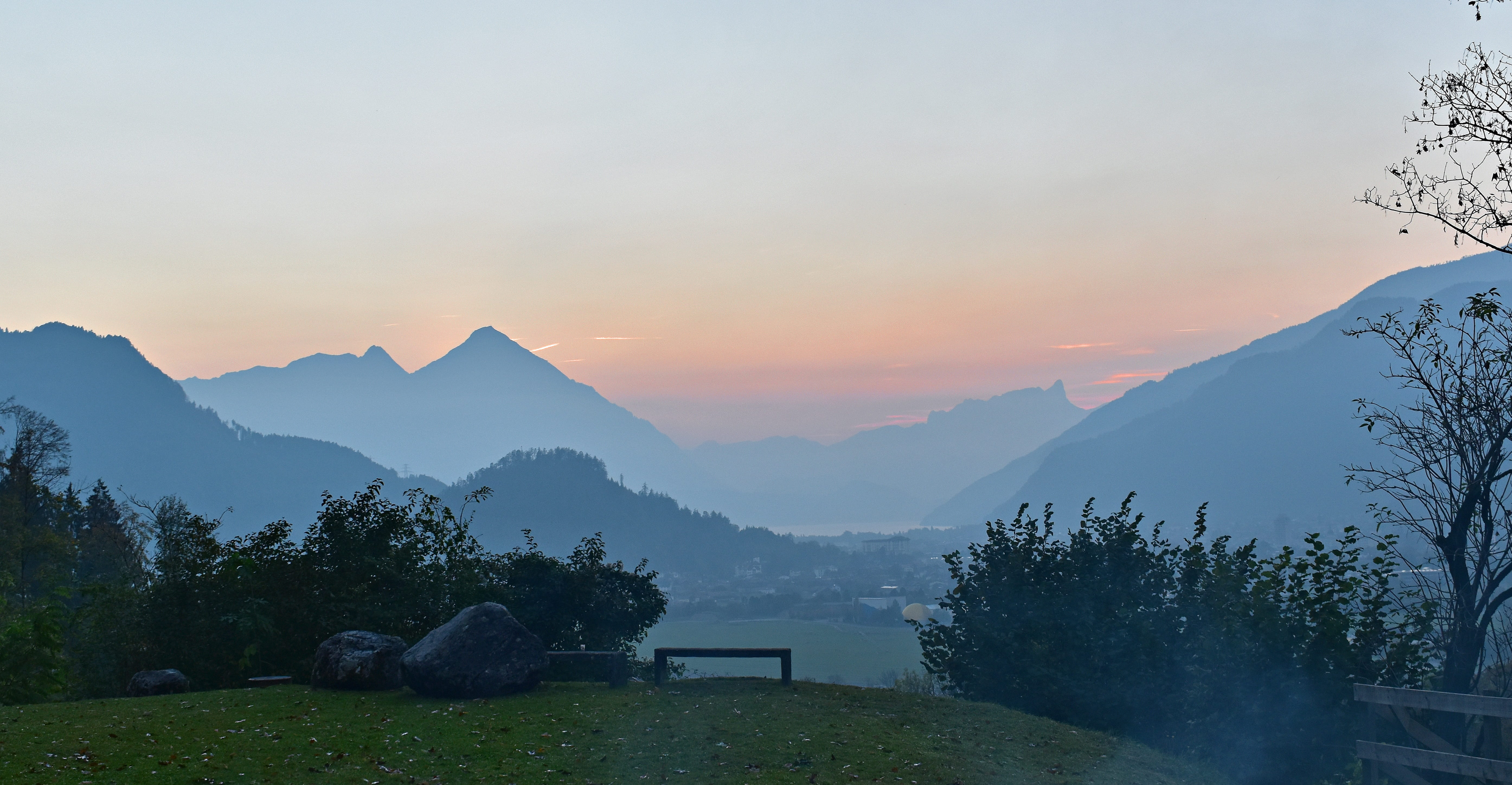 abendstimmung, mountains, mountain range, mountain landscape, sunset, outdoors, alpine, idyllic, clouds, tranquil scene, alpine panorama, tree, orange color, HD Wallpaper