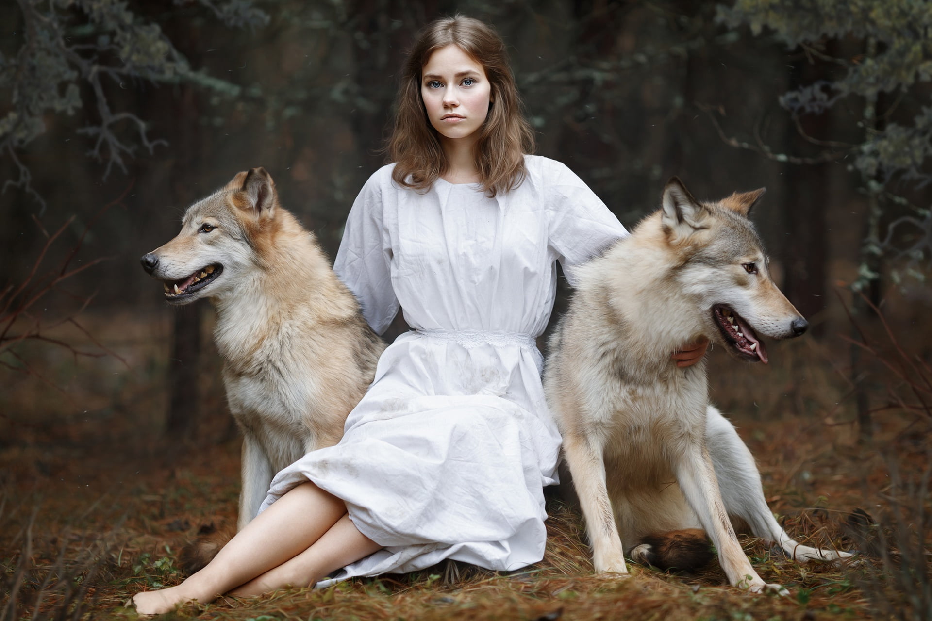 land, women, barefoot, real people, sitting, one person, domestic, wolf, young women, hairstyle, leisure activity, one animal, canine, animals, hair, teen , HD Wallpaper