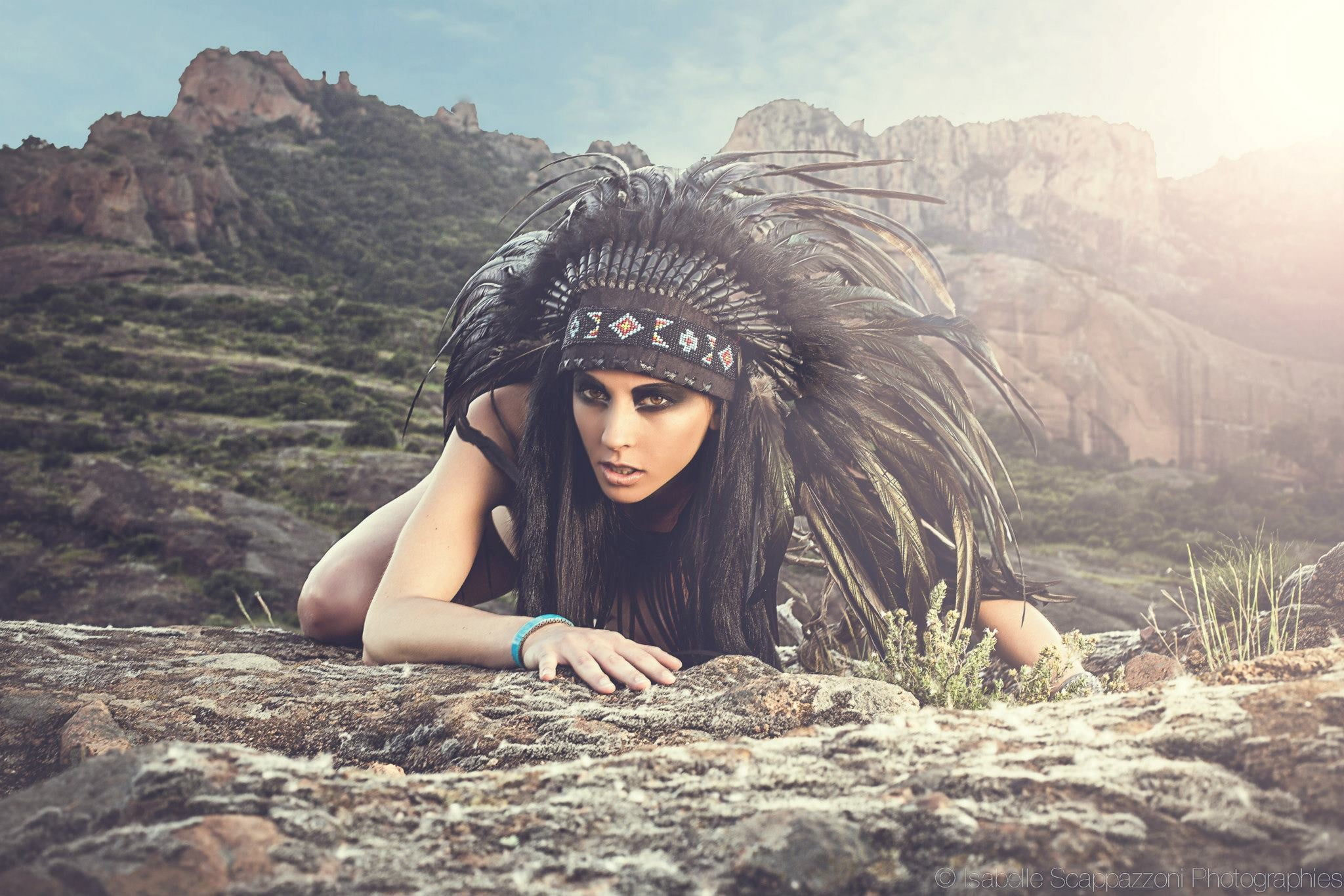 young women, outdoors, hair, headdress, long hair, adult, mountain, women, sky, one person, young adult, hairstyle, top, solid, feathers, women outdoors, HD Wallpaper