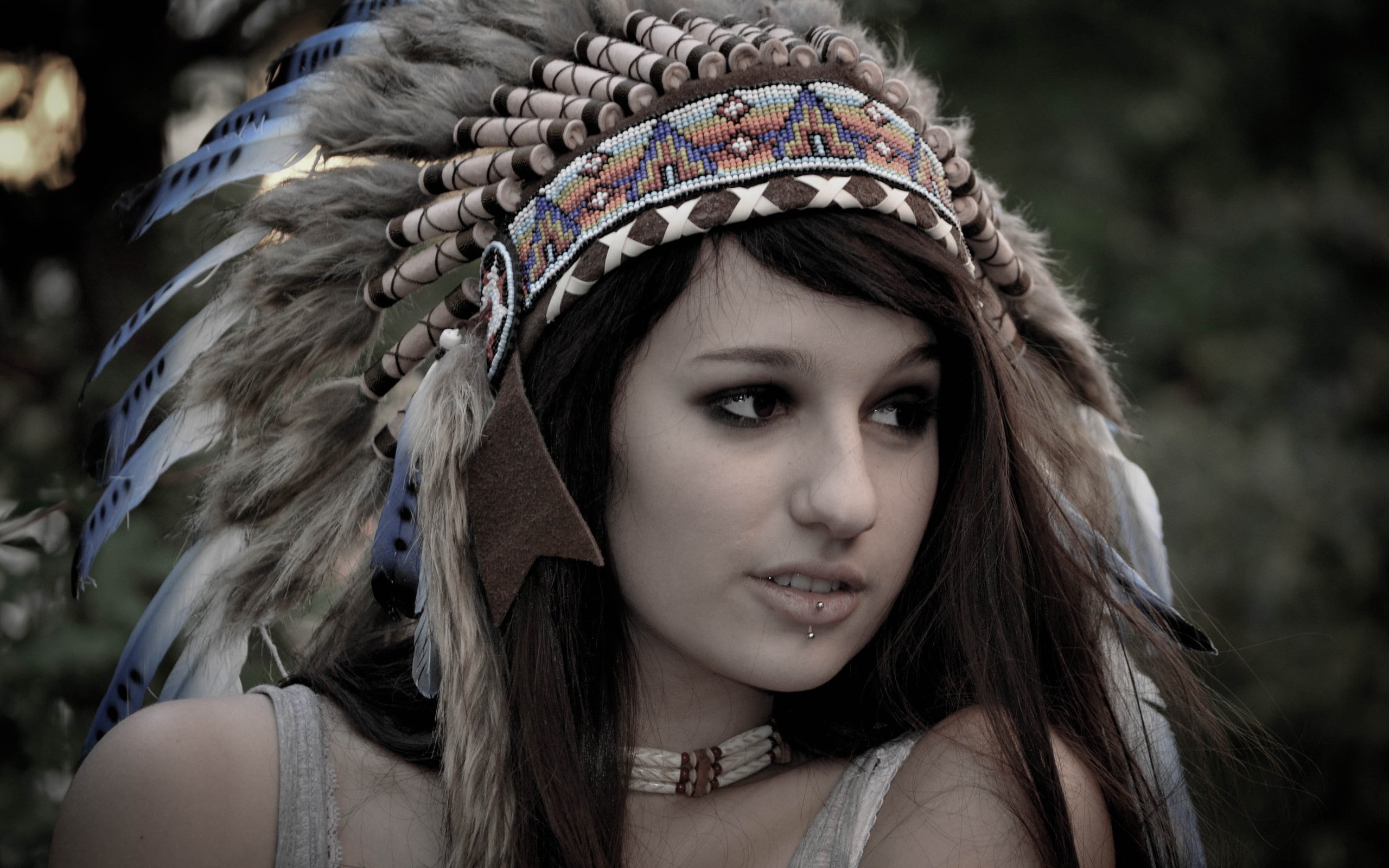 feathers, close-up, young women, women, long hair, clothing, headshot, contemplation, one person, beautiful woman, brown hair, front view, headdress, piercing, HD Wallpaper