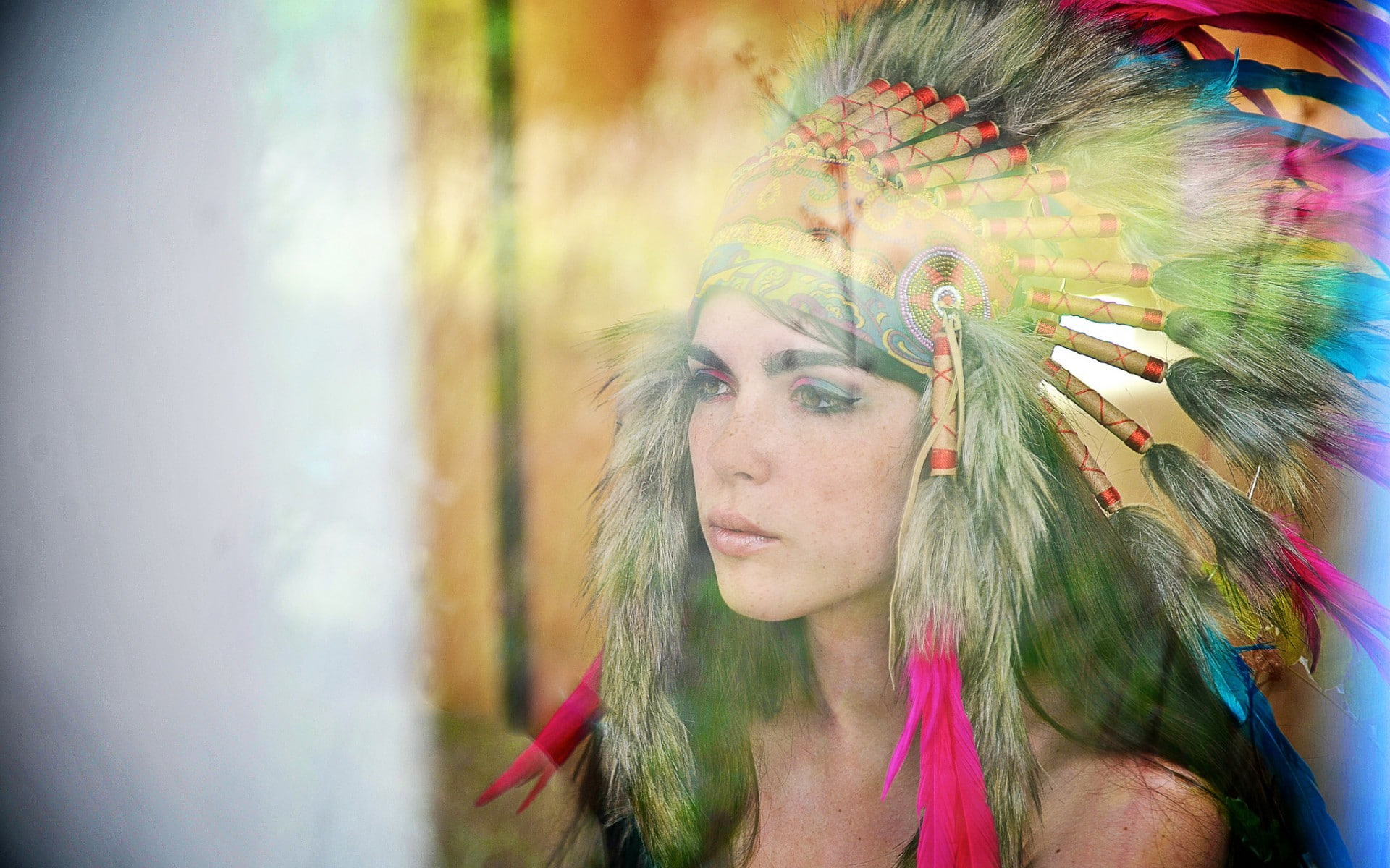 makeup, feathers, women, brunette, 1080P, headdress, HD Wallpaper