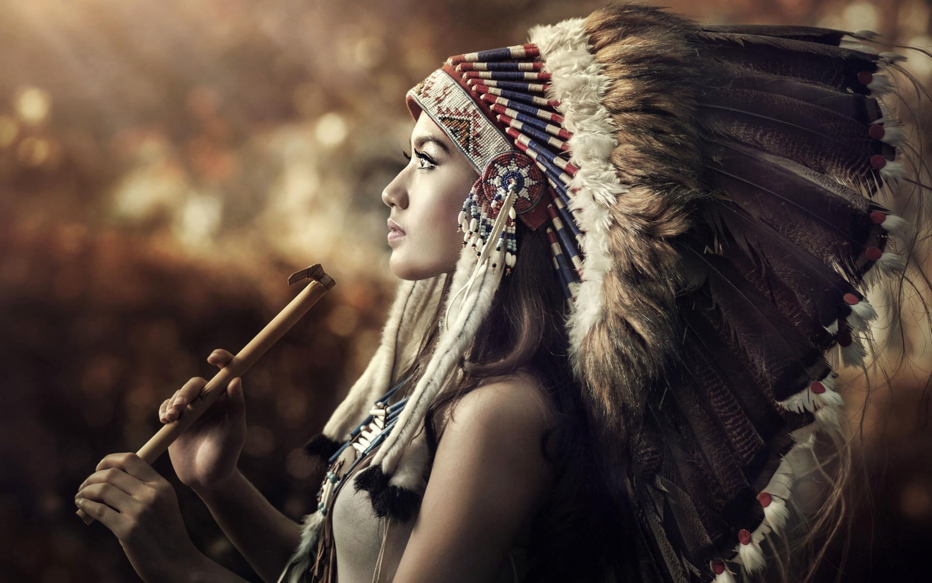 headdress, feathers, 1080P, women, profile, HD Wallpaper